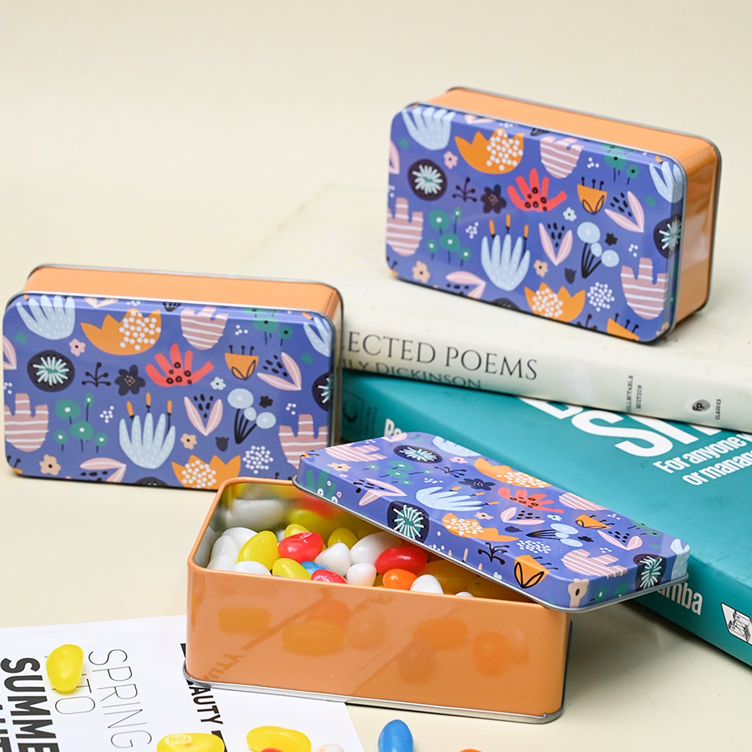 Mini Floral Tin Storage Box Of 3, Blue