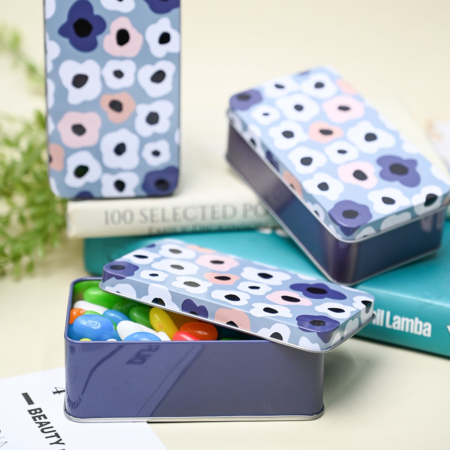 Floral Tin Storage Box - Set Of 3, Grey
