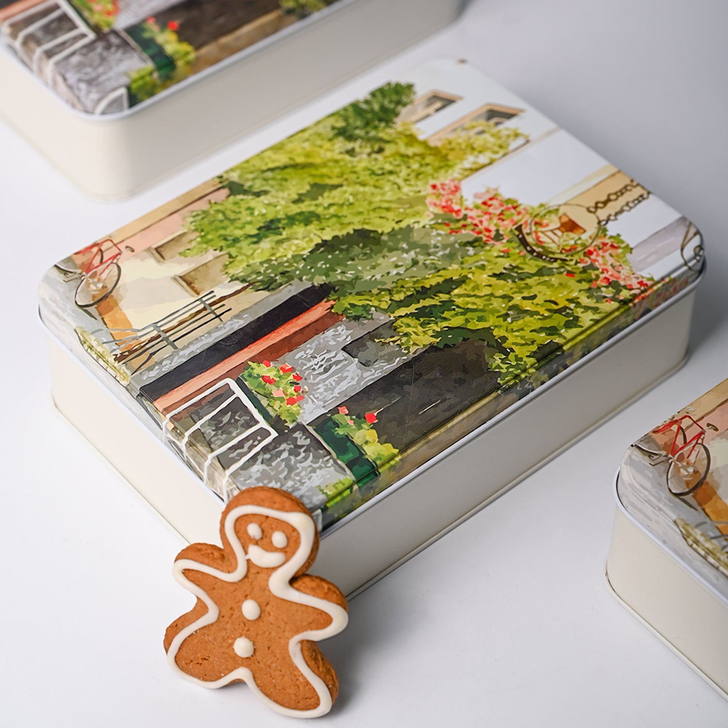 House Print Tin Storage Box Container  - Set Of 3, Green & White