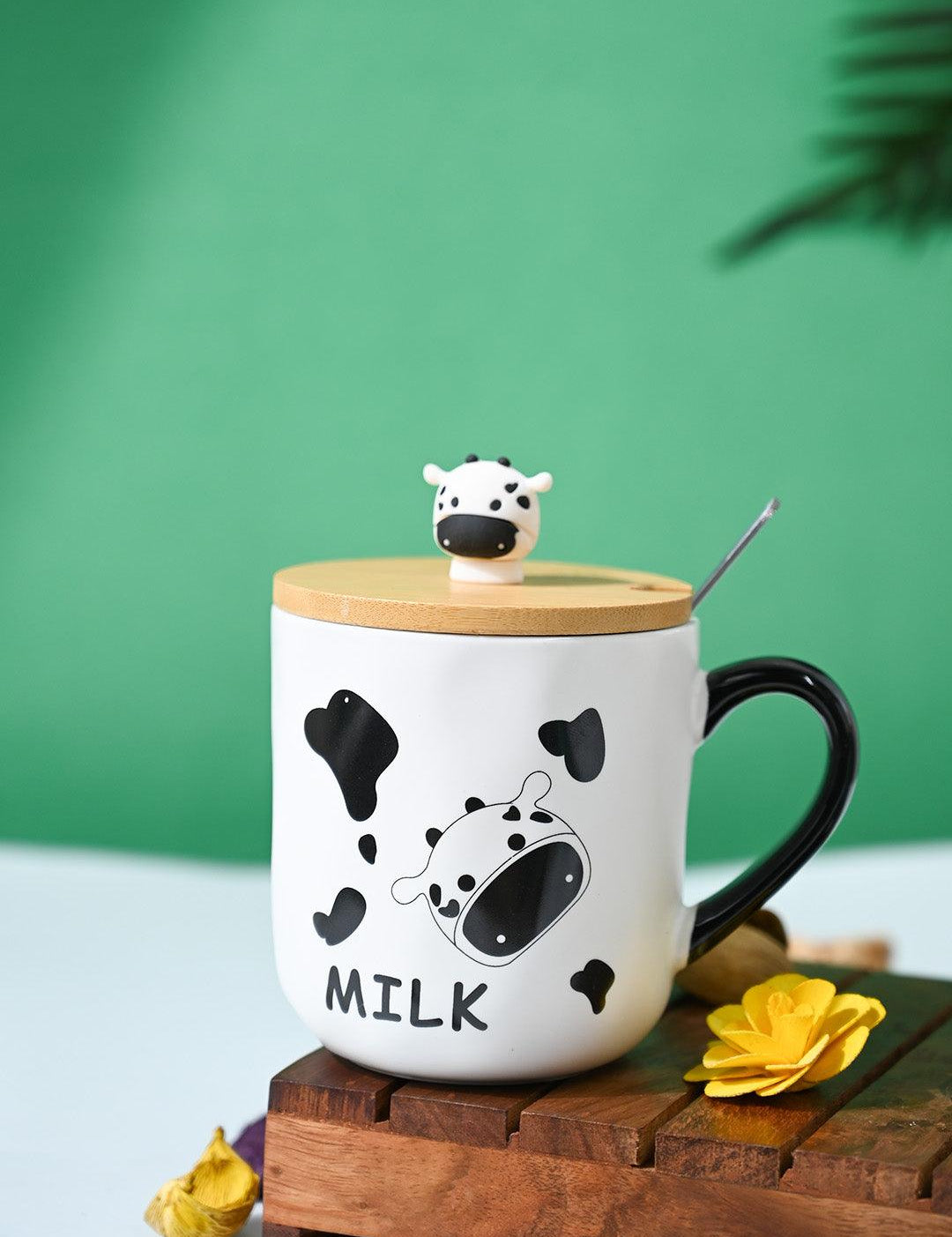 "MILK" Coffee Mug With Lid - 450mL, Mixing Spoon - MARKET99