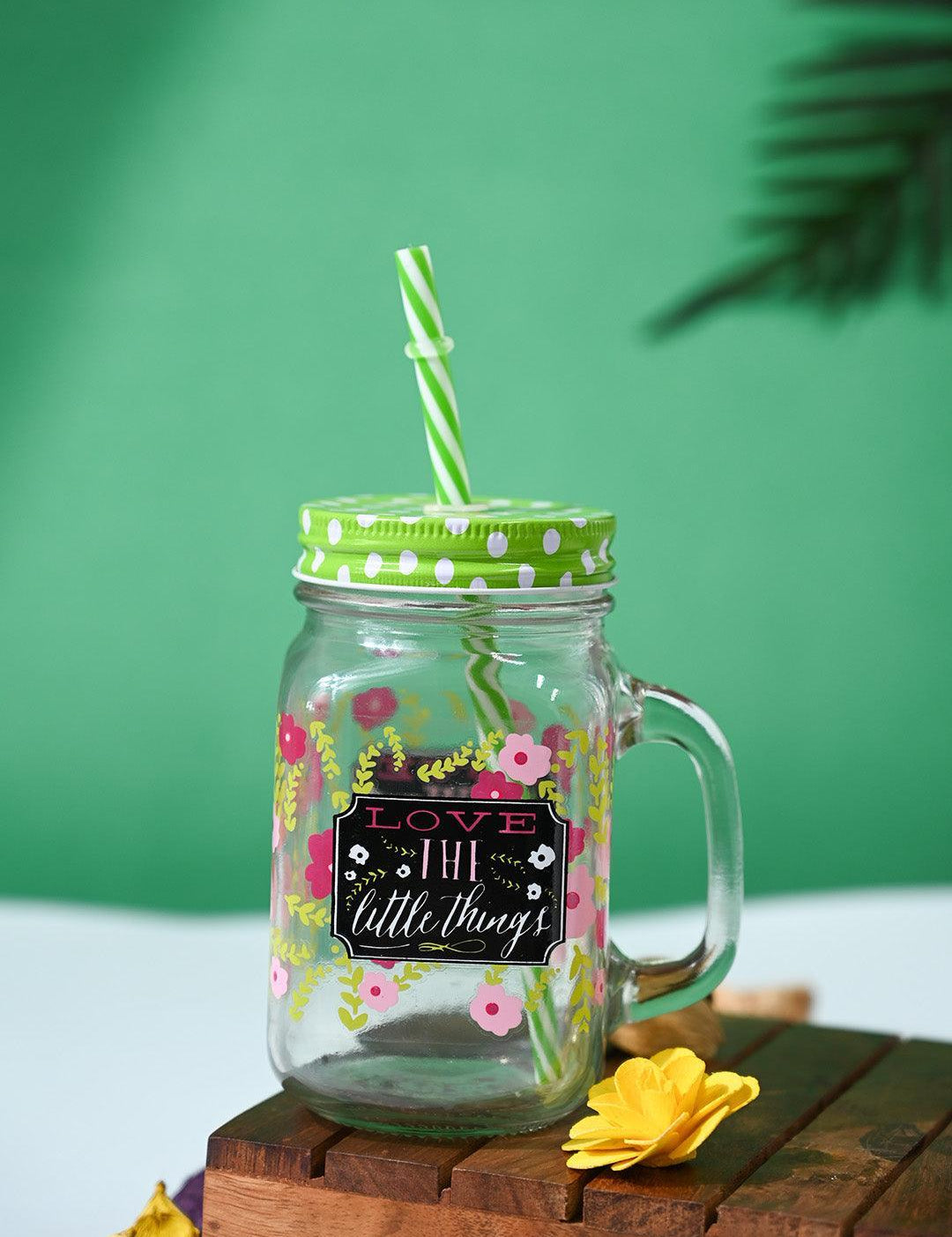 Mason Jar, with Straw & Lid, Green, Glass, 450 mL - MARKET99