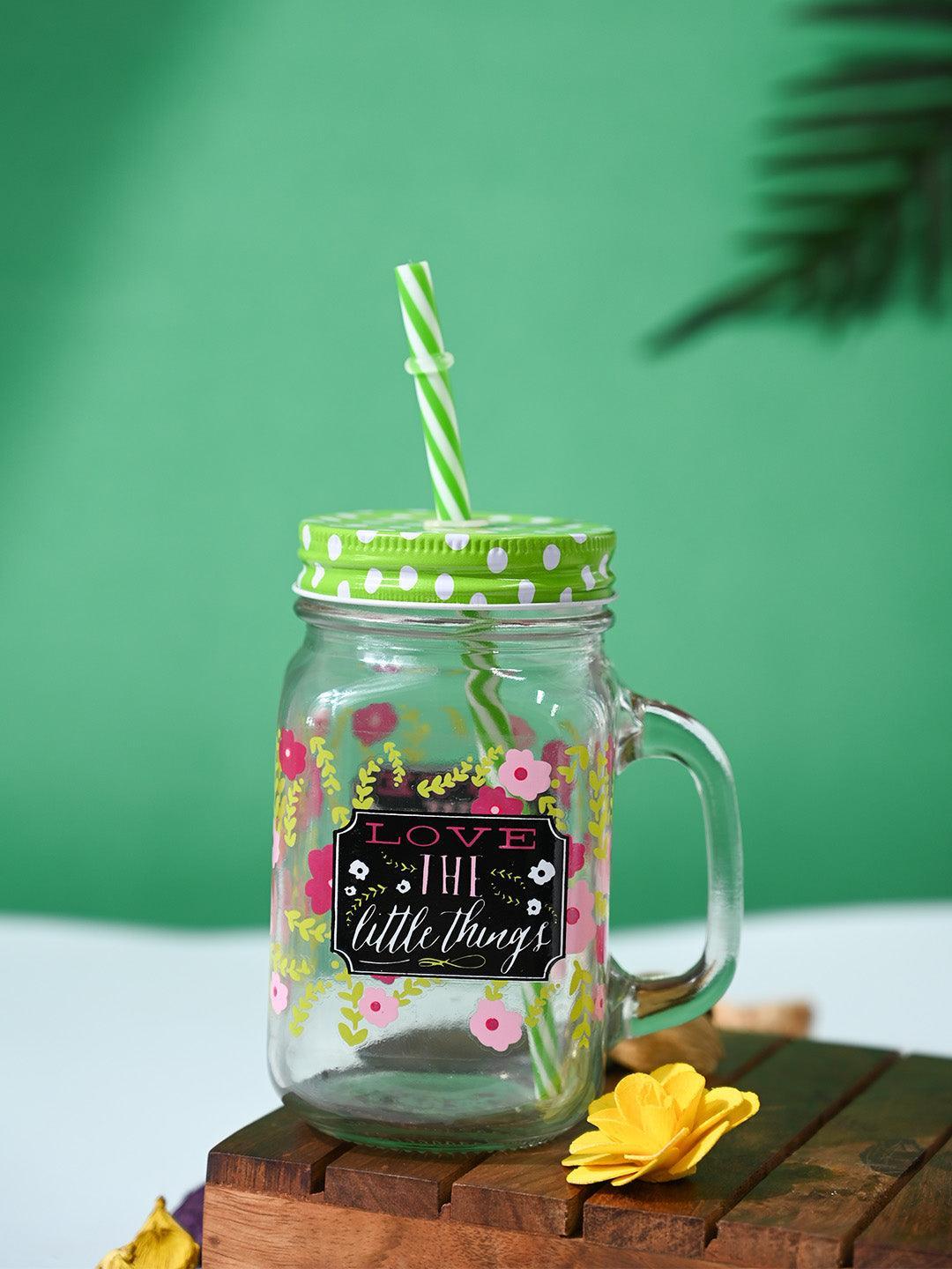 Mason Jar, with Straw Lid, Green, Glass, 450 mL