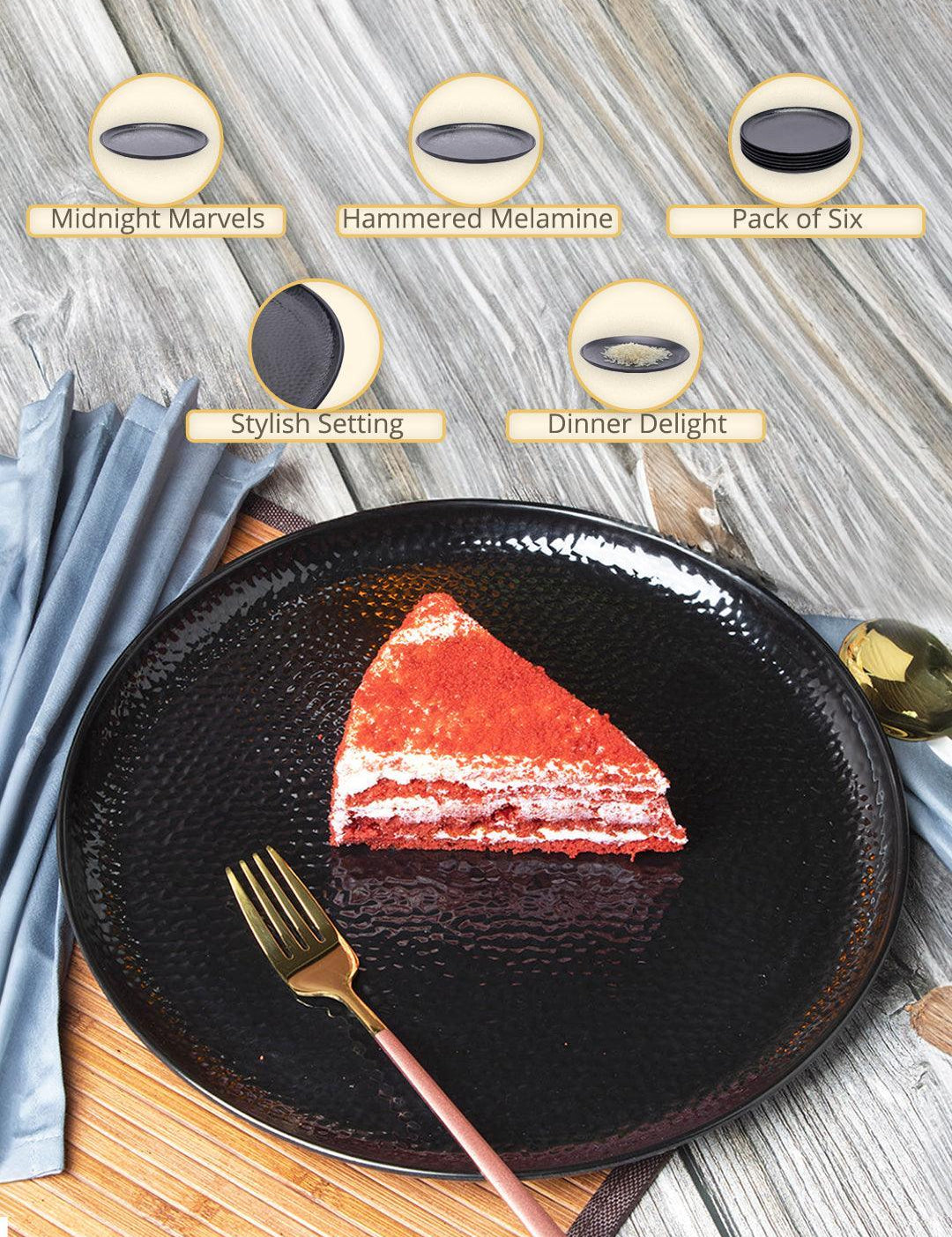 Round Full Plates, Black, Hammered Melamine, Pack Of 6 - MARKET99