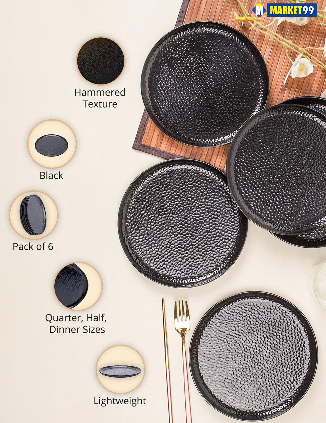 Round Quarter Plates, Half Plates, Dinner Set, Hammered Melamine, Black, Pack of 6 - MARKET99