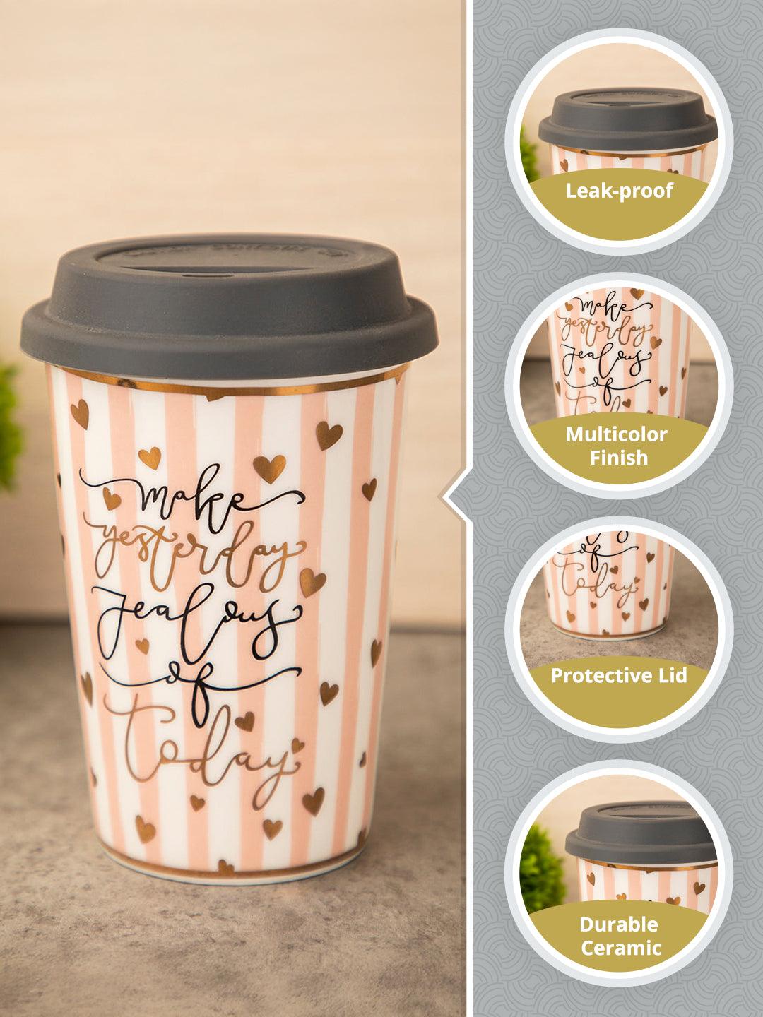 Tumbler with Lid, Tea & Coffee Tumbler, Multicolour, Ceramic, 400 mL