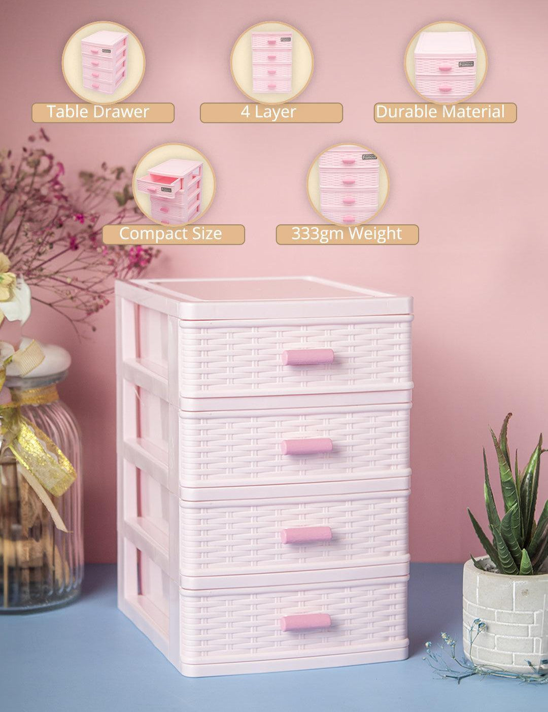 Table Drawer, Modern Design, 4 Layer Drawer, Pink, Plastic - MARKET99