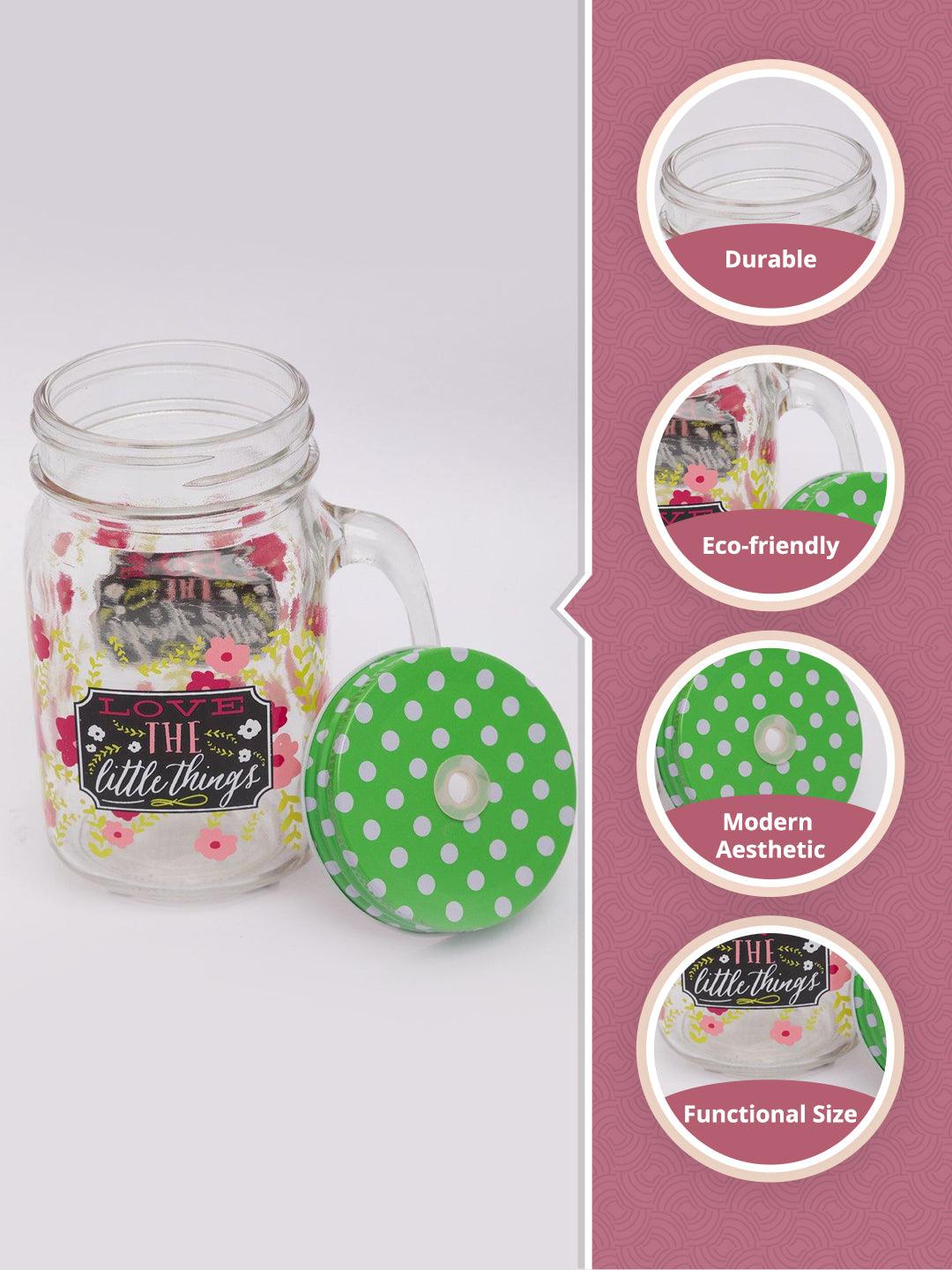 Mason Jar, with Straw & Lid, Green, Glass, 450 mL