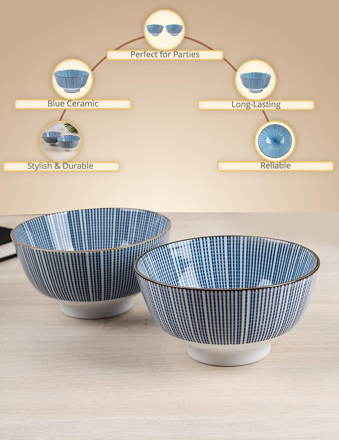 Bowls, for Serving, Blue, Ceramic, Set of 2, 300 mL - MARKET99
