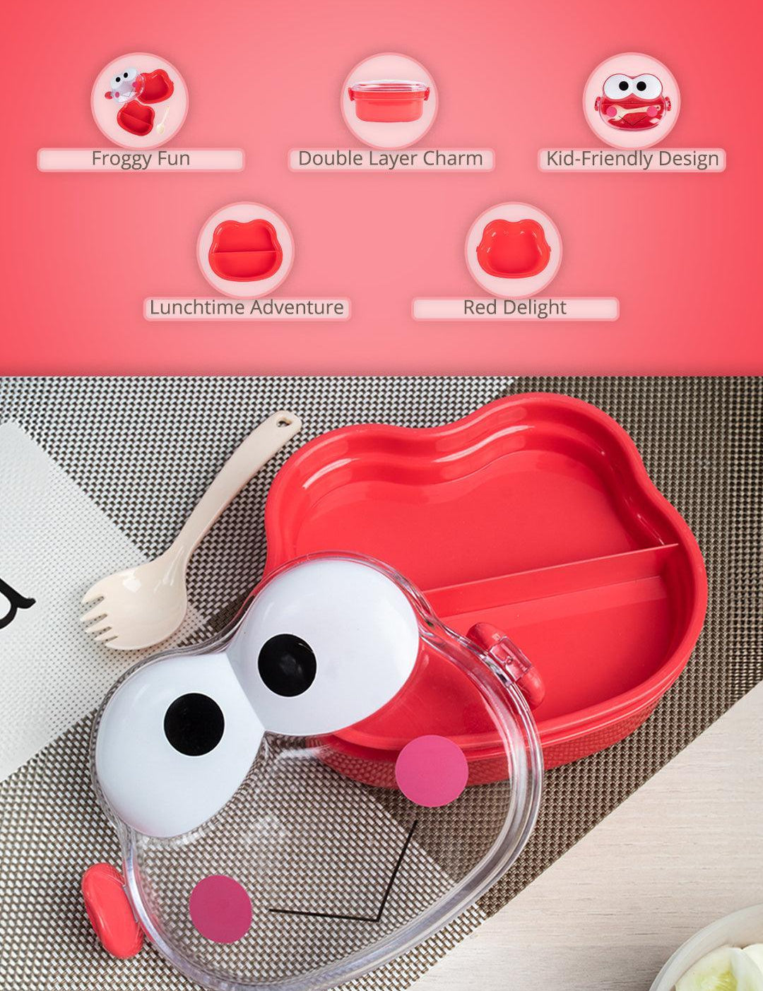 Double Layer Frog Shape Lunch Box for Kids With Spoon, Red, Plastic - MARKET99