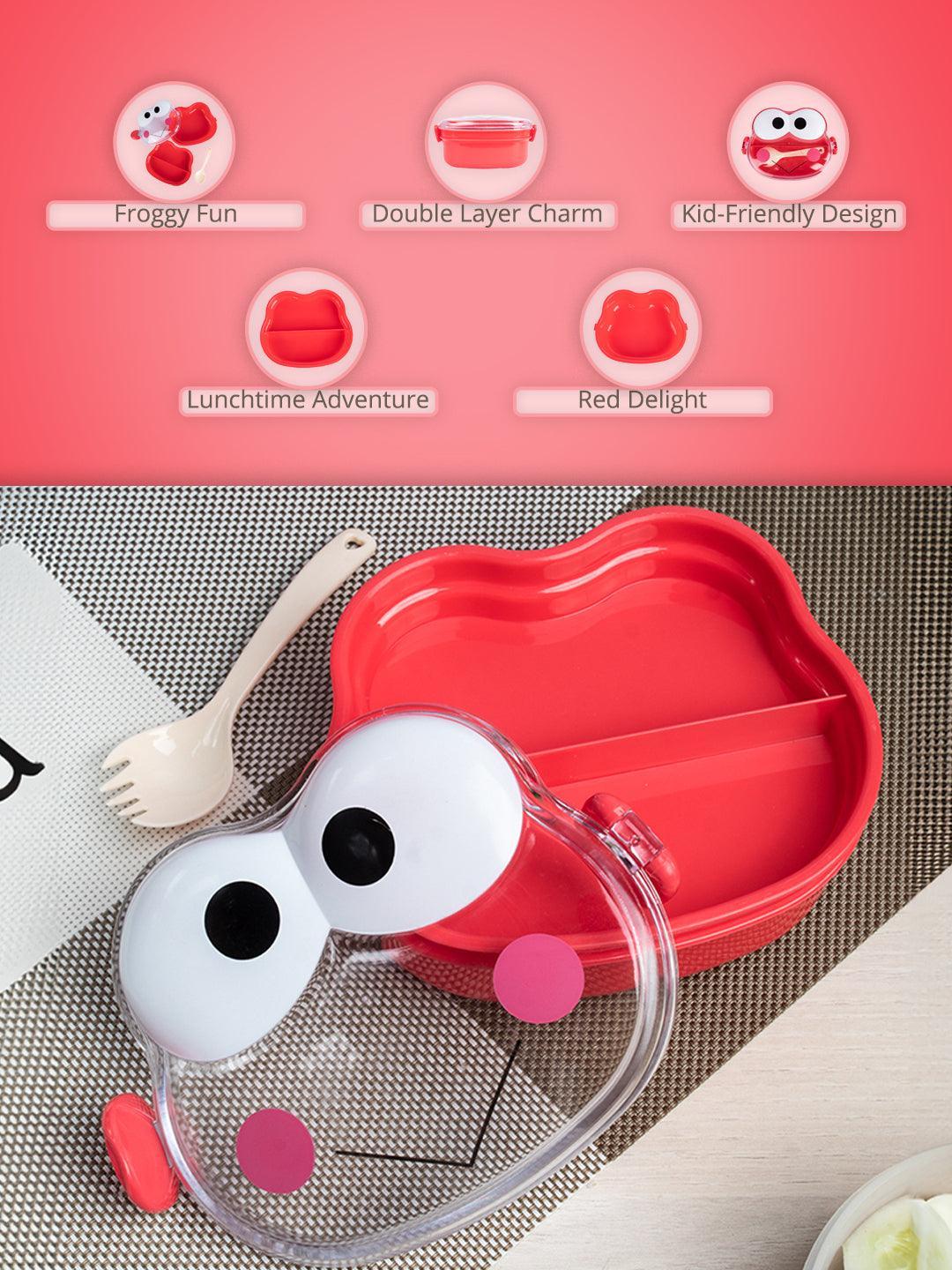 Double Layer Frog Shape Lunch Box for Kids With Spoon, Red, Plastic - MARKET99