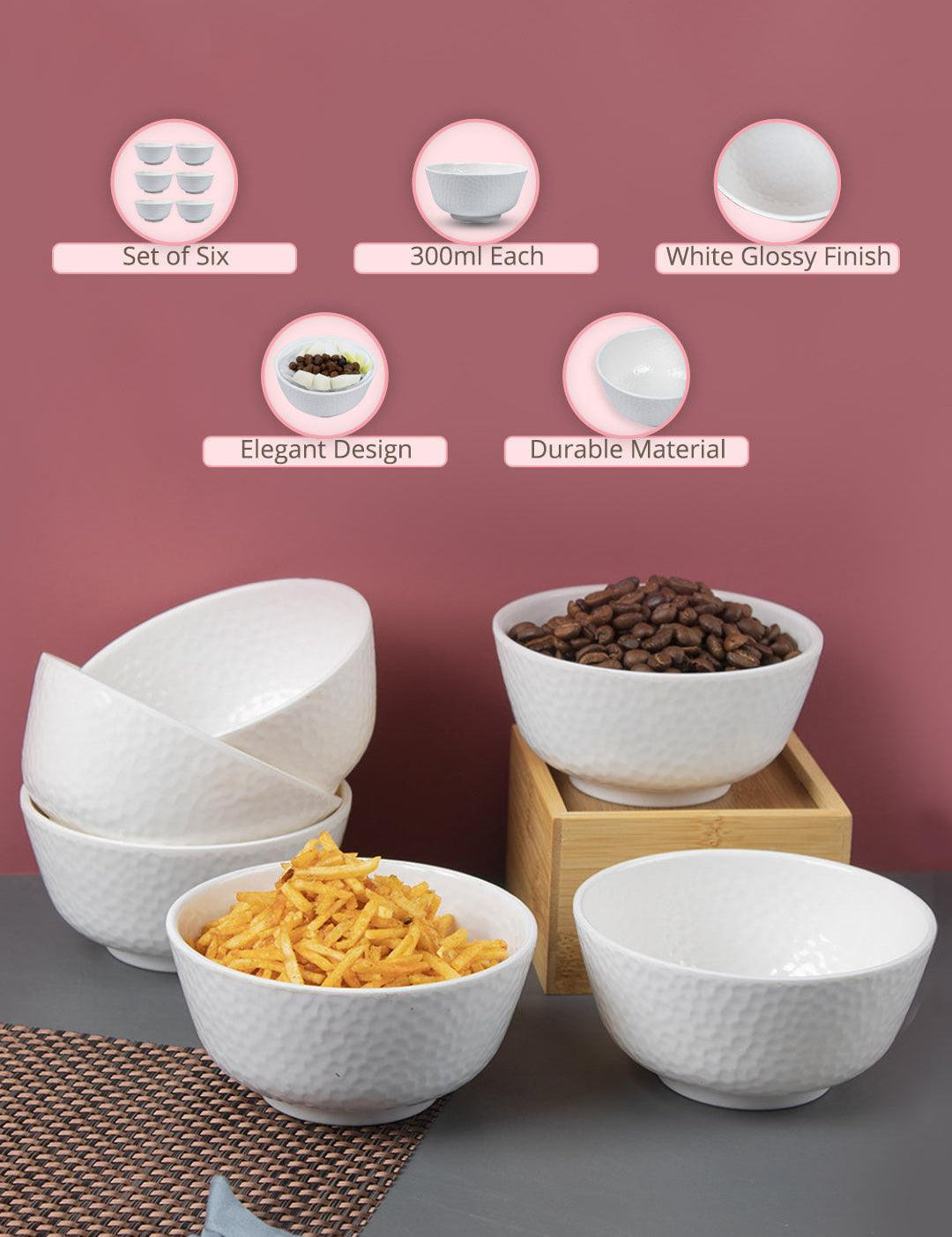 Market99 Hammered Melamine Tableware White Glossy Finish Soup Bowls for Dining Table (Set Of 6, 300 mL ) - MARKET99