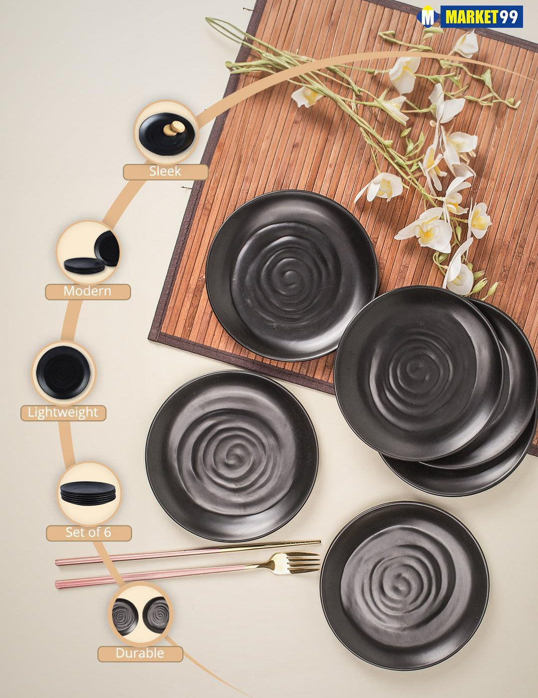 Melamine Black Round Quarter Plate (Set of 6) - MARKET99