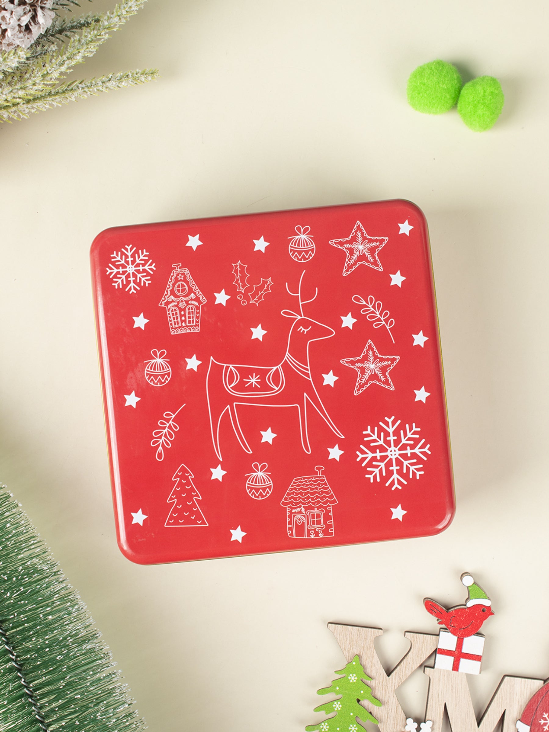 Reindeer & Snowflake Print - Christmas Tin Box Gift - Reindeer