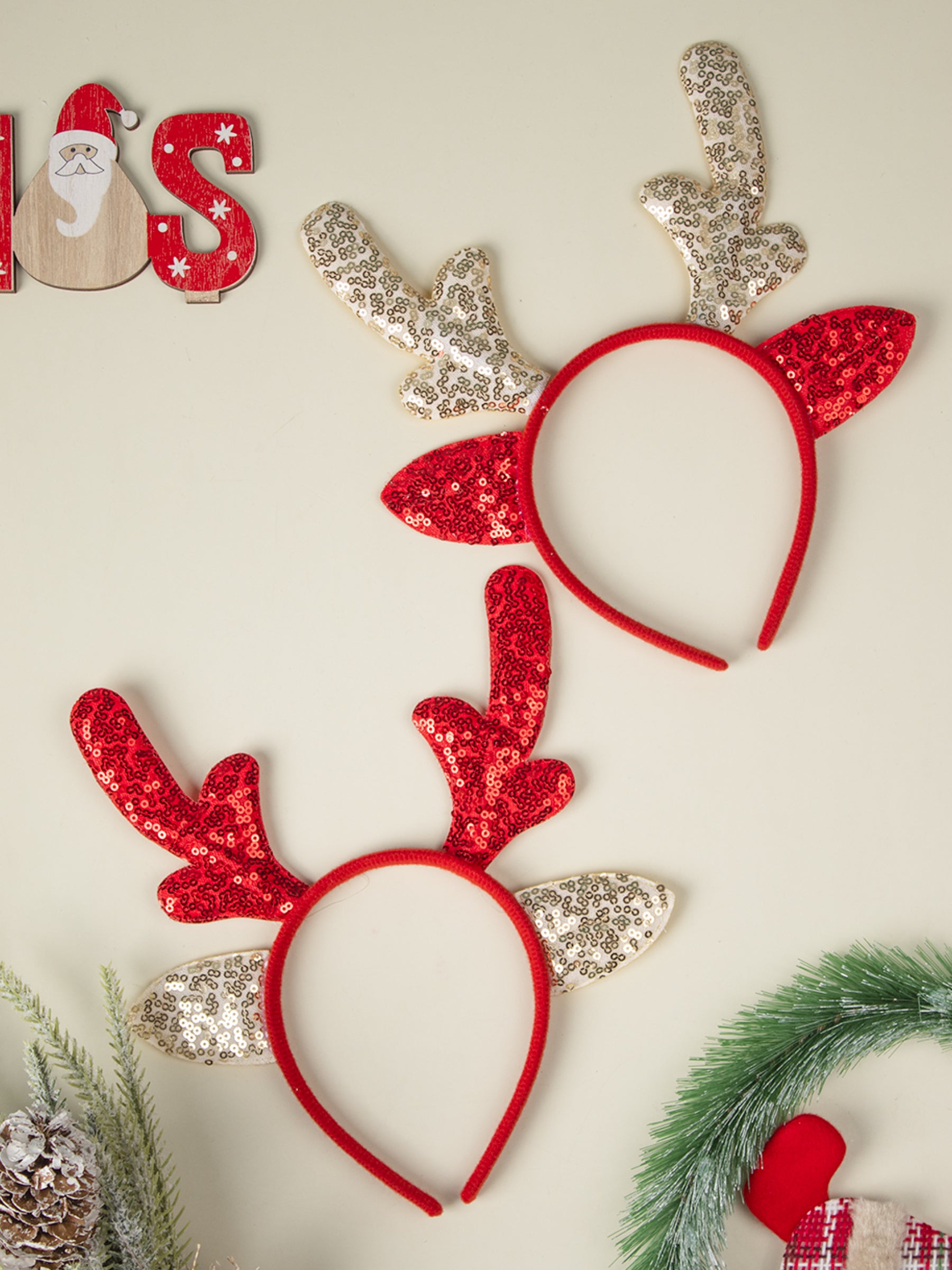 Reindeer Horn Red & Golden - Christmas Reindeer Antlers Head Band Set Of 2 Pcs - IMAGE CHANGED