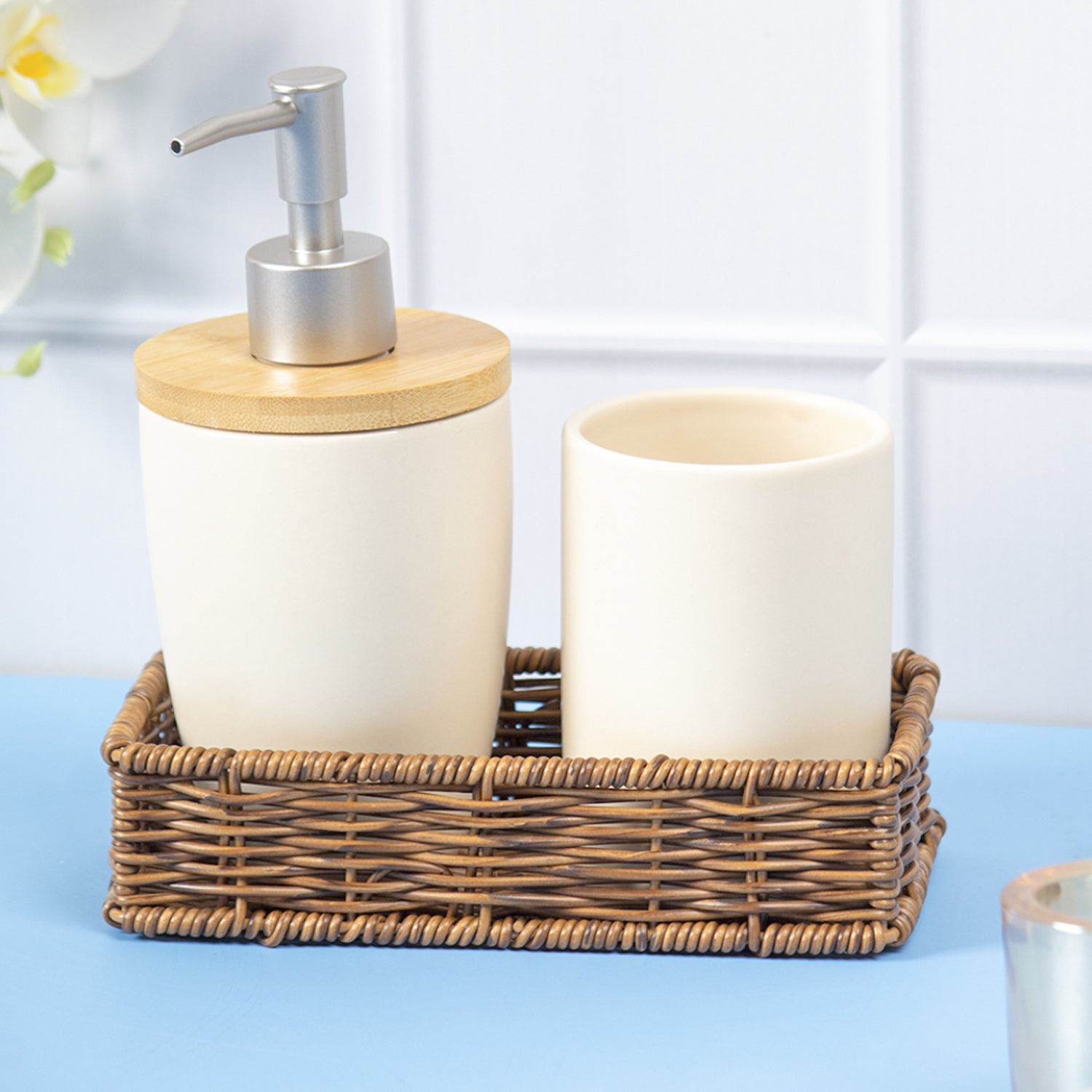 Market99 Wooden & Cream Ceramic Bathroom, Pack Of 3