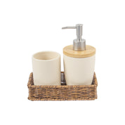Market99 Wooden & Cream Ceramic Bathroom, Pack Of 3