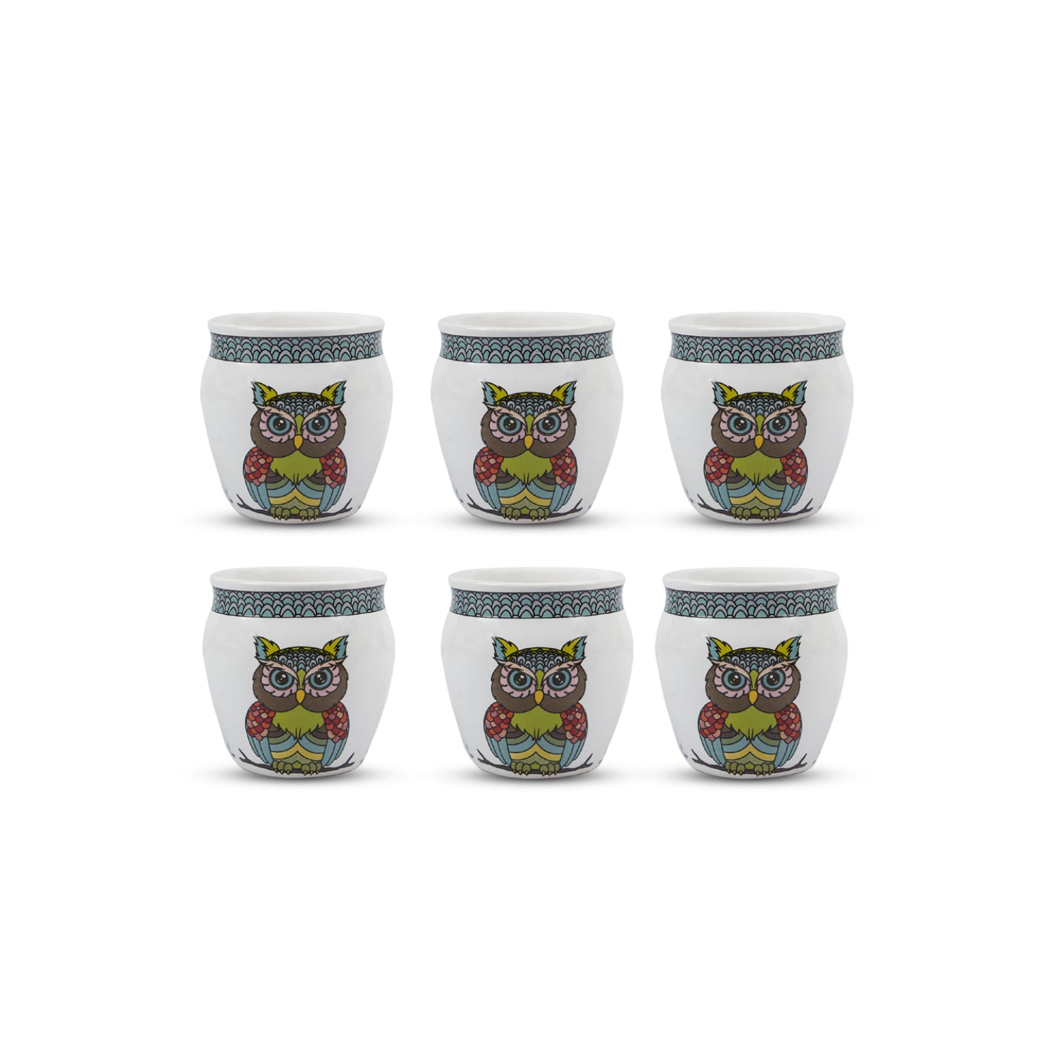 MARKET99 Owl Printed Ceramic Kullad, (Each 130 mL, Set Of 6 Pcs)