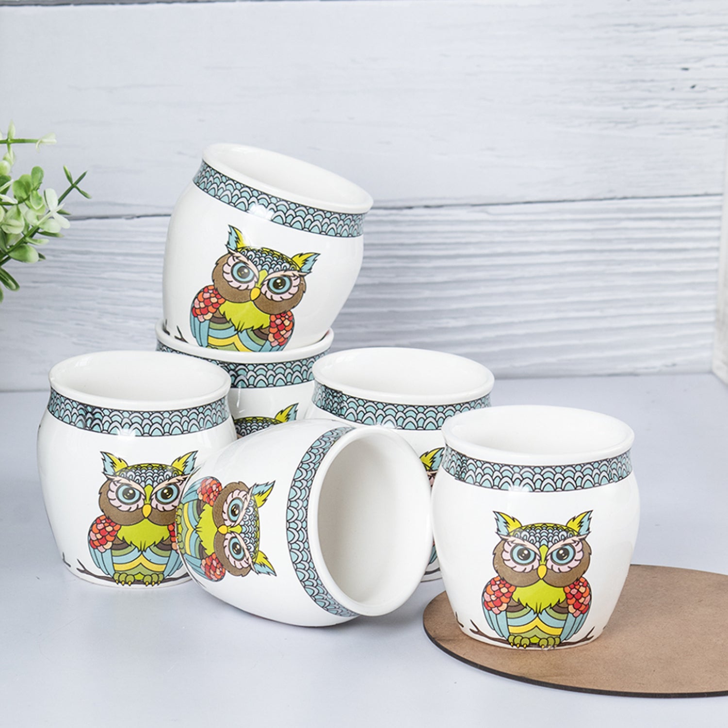 MARKET99 Owl Printed Ceramic Kullad, (Each 130 mL, Set Of 6 Pcs)