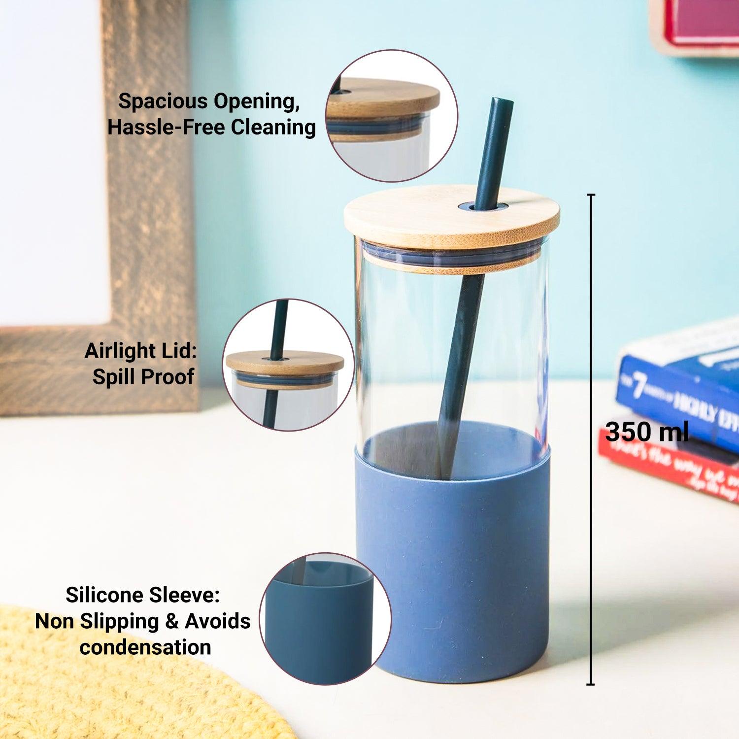 Navy Blue Borosilicate Glass Sipper With Straw 350 Ml - Main Image