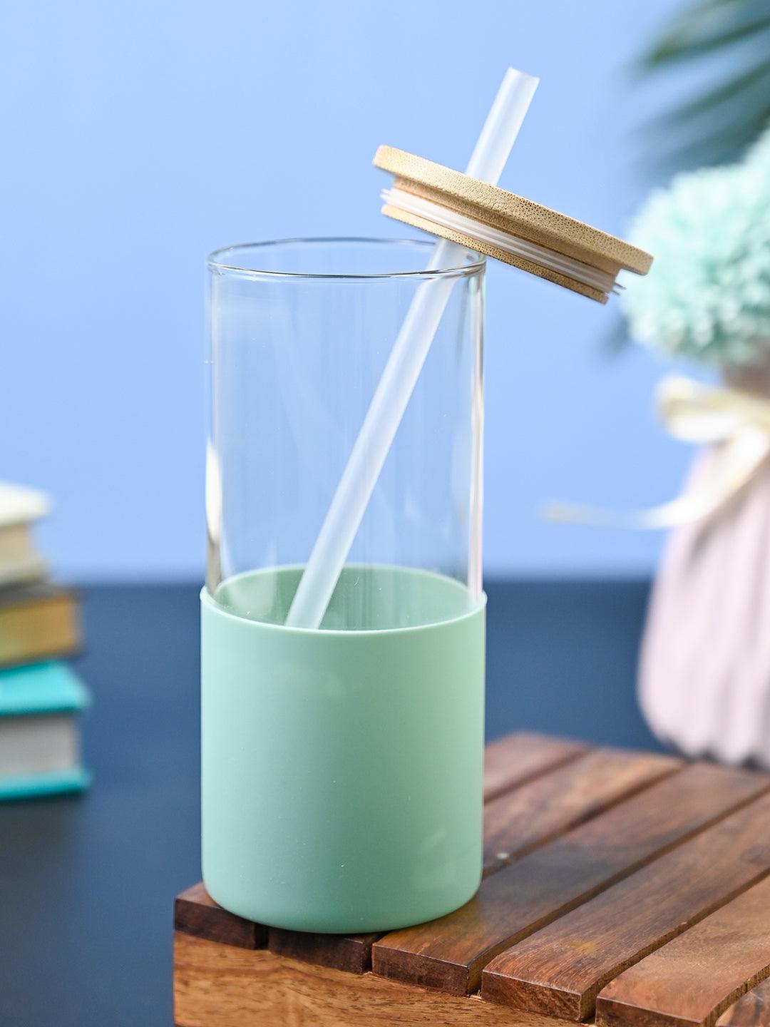 Green Borosilicate Glass Sipper With Straw - 350 Ml - MARKET99