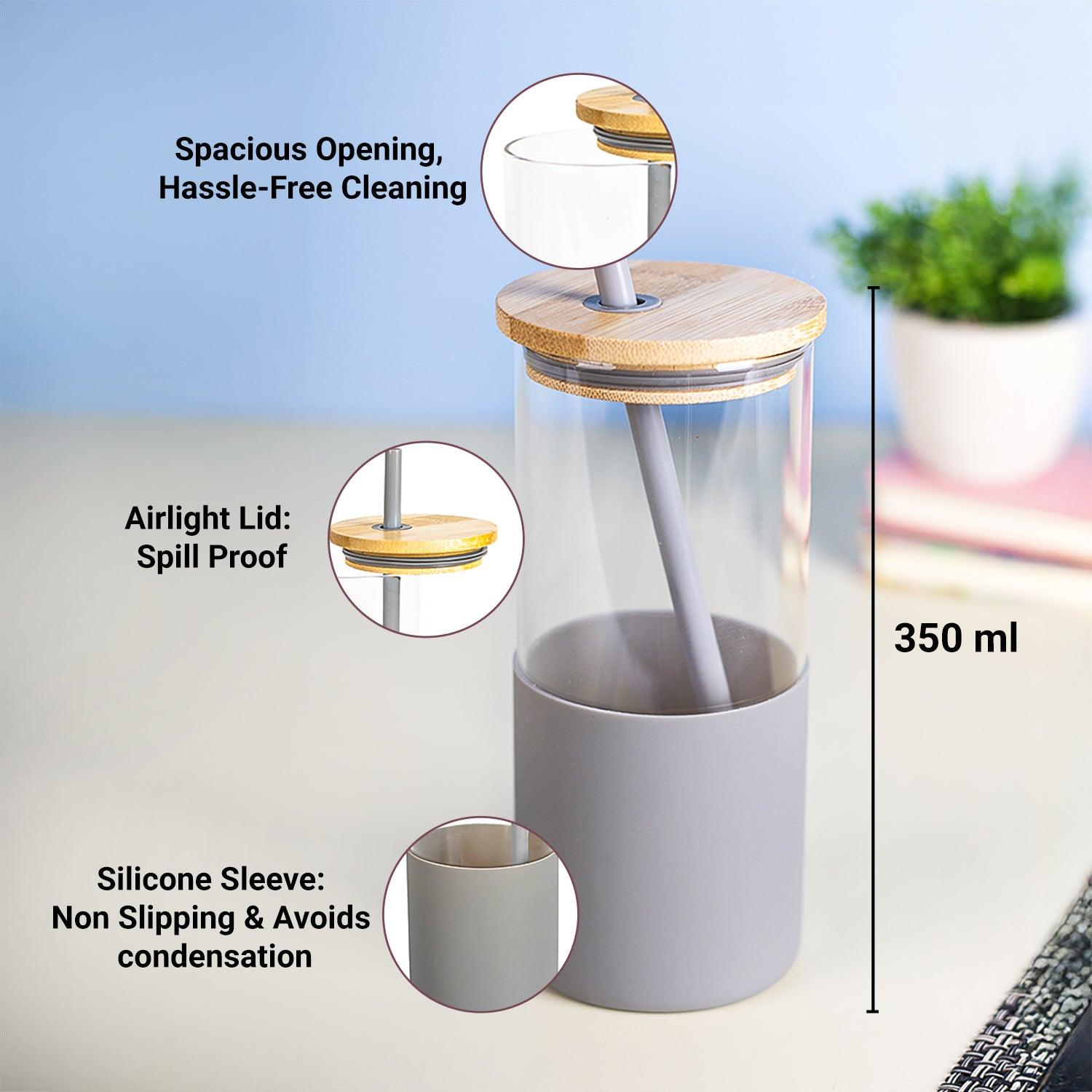 Grey Borosilicate Glass Sipper With Straw 350 Ml