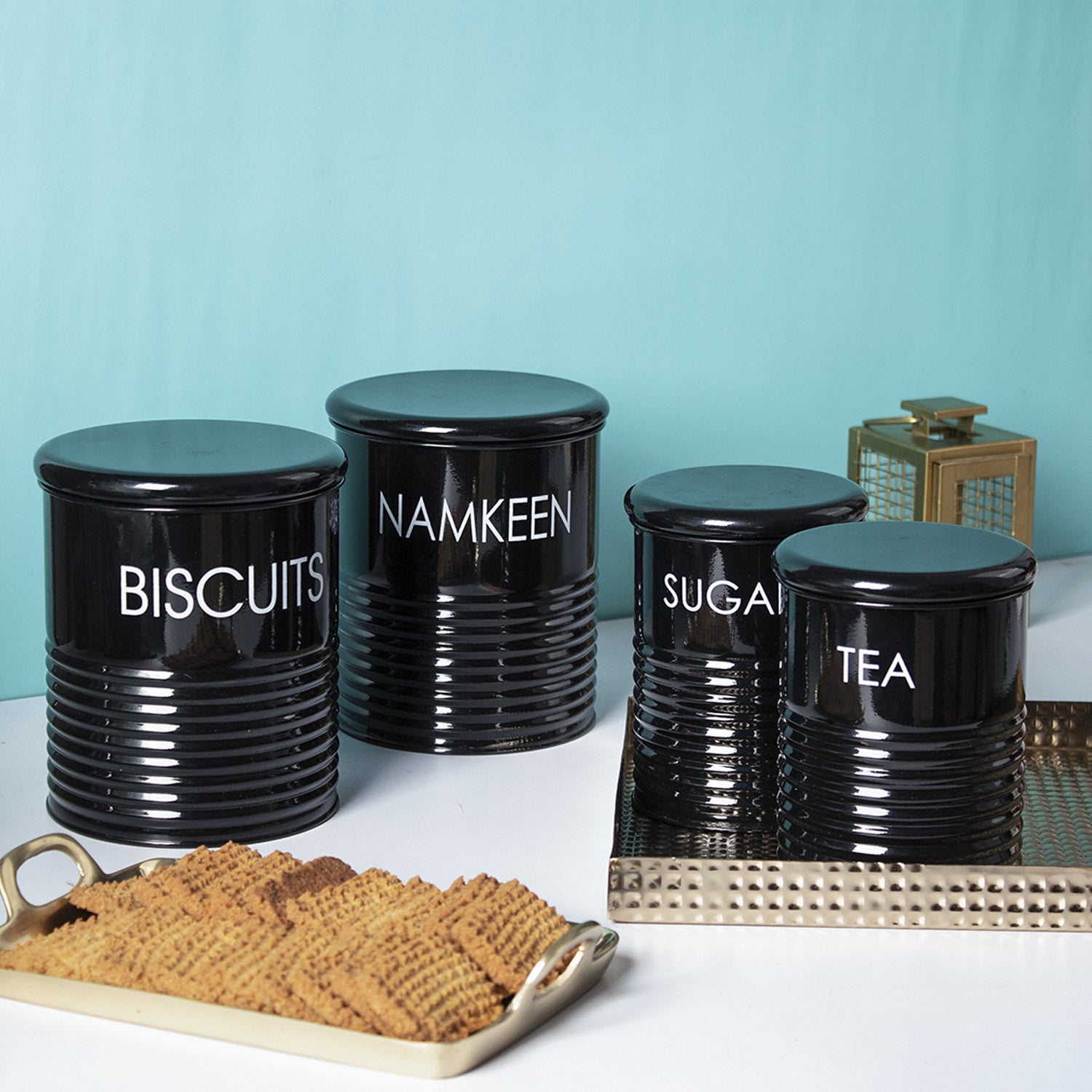 Tea & Sugar Jar (Each 900 Ml) +  Biscuits & Namkeen Jar (Each 1700 Ml) - Black, Set Of 4