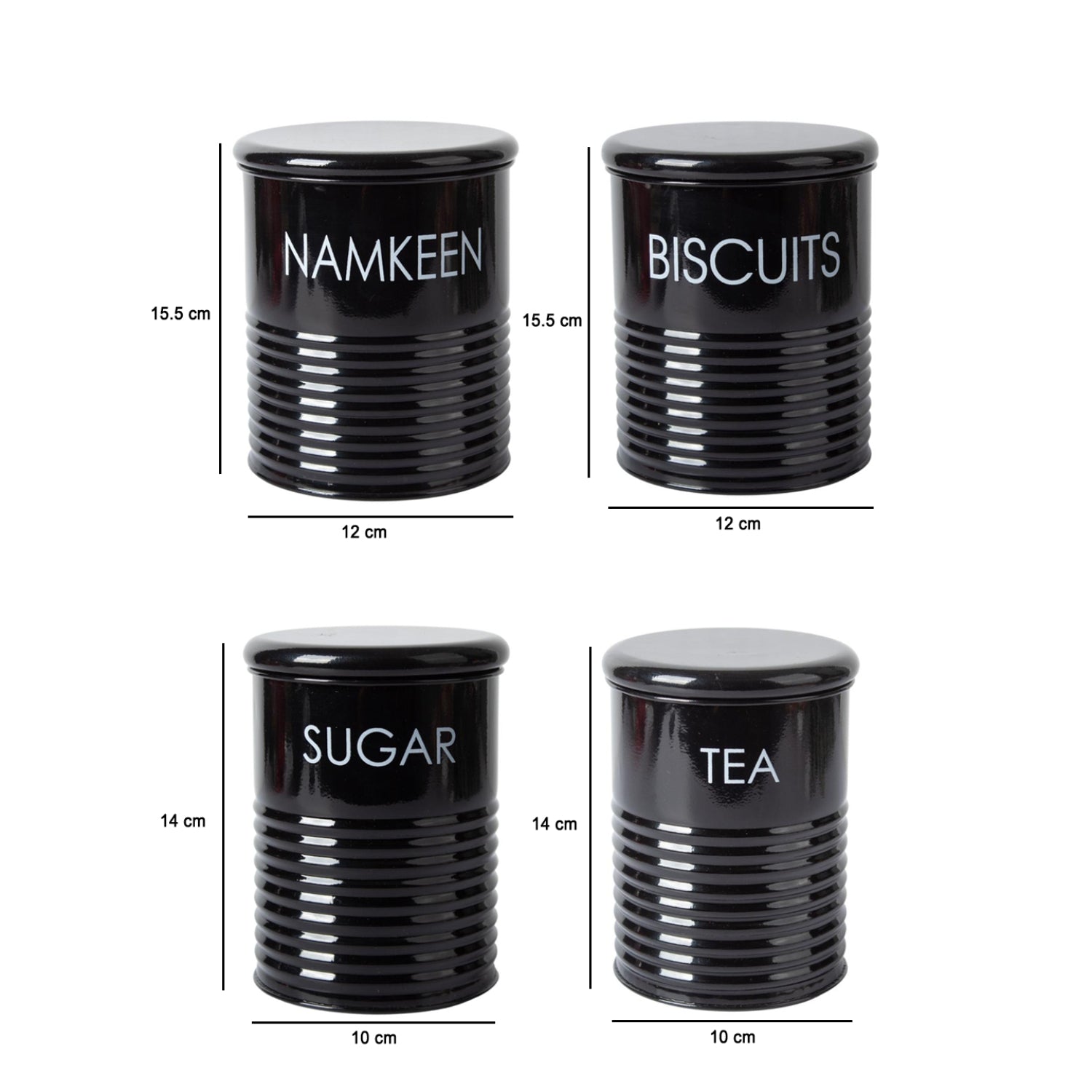 Tea & Sugar Jar (Each 900 Ml) +  Biscuits & Namkeen Jar (Each 1700 Ml) - Black, Set Of 4