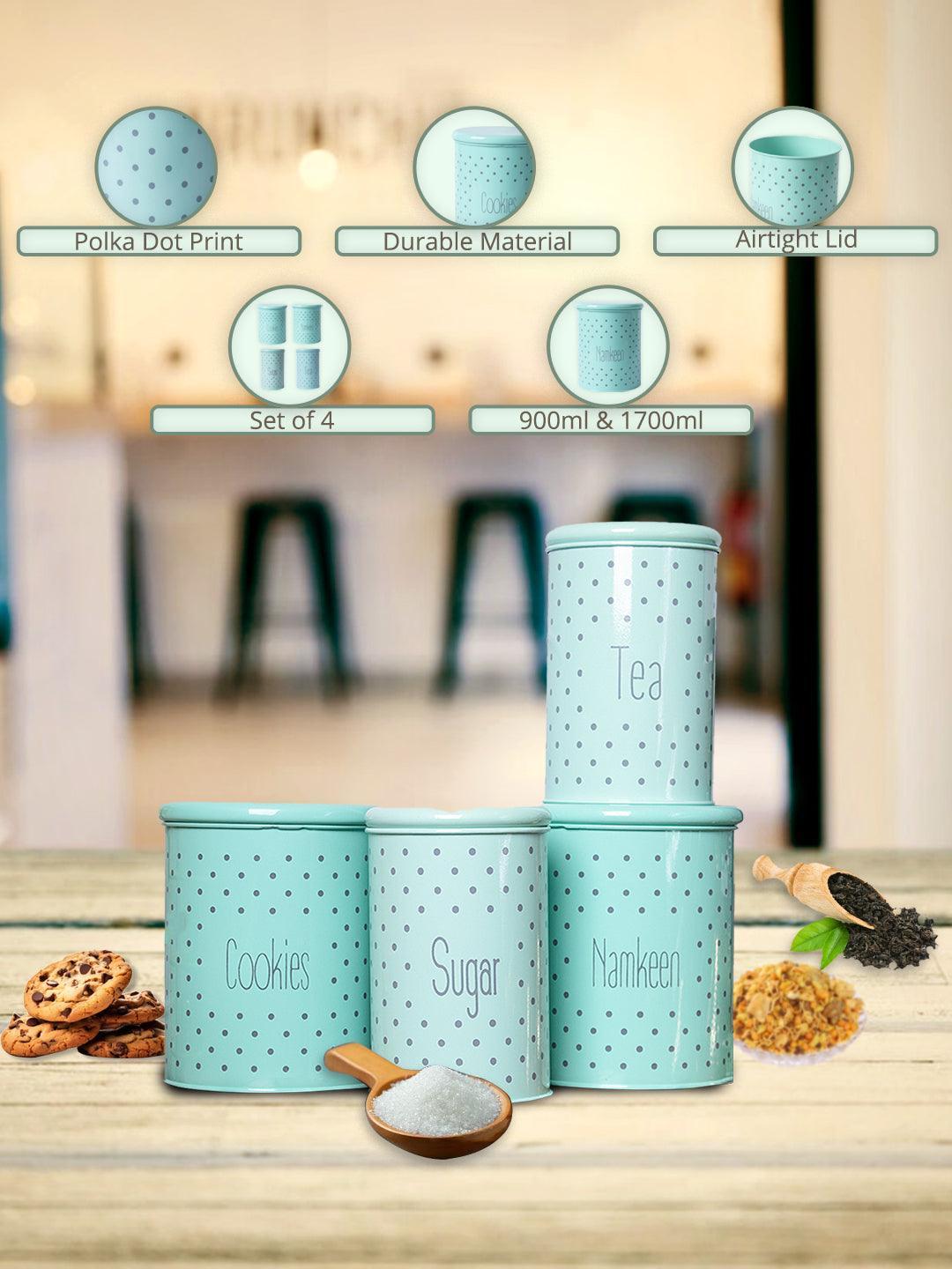 Tea & Sugar Jar (Each 900 Ml) + Cookie & Namkeen Jar (Each 1700 Ml) - Polka Dot Green, Set Of 4 - MARKET99