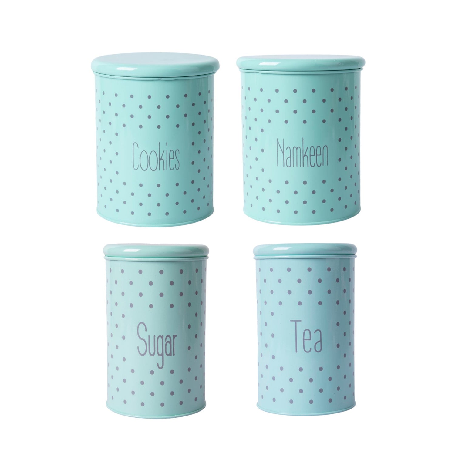 Tea & Sugar Jar (Each 900 Ml) + Cookie & Namkeen Jar (Each 1700 Ml) - Polka Dot Green, Set Of 4