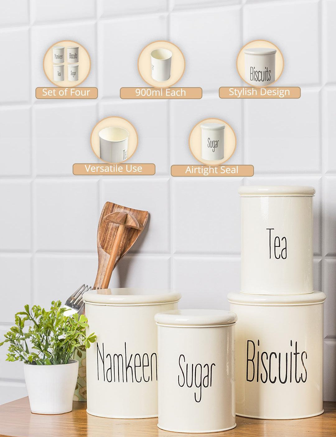 Tea & Sugar Jar (Each 900 Ml) + Biscuits & Namkeen Jar (Each 1700 Ml) - White, Set Of 4 - MARKET99