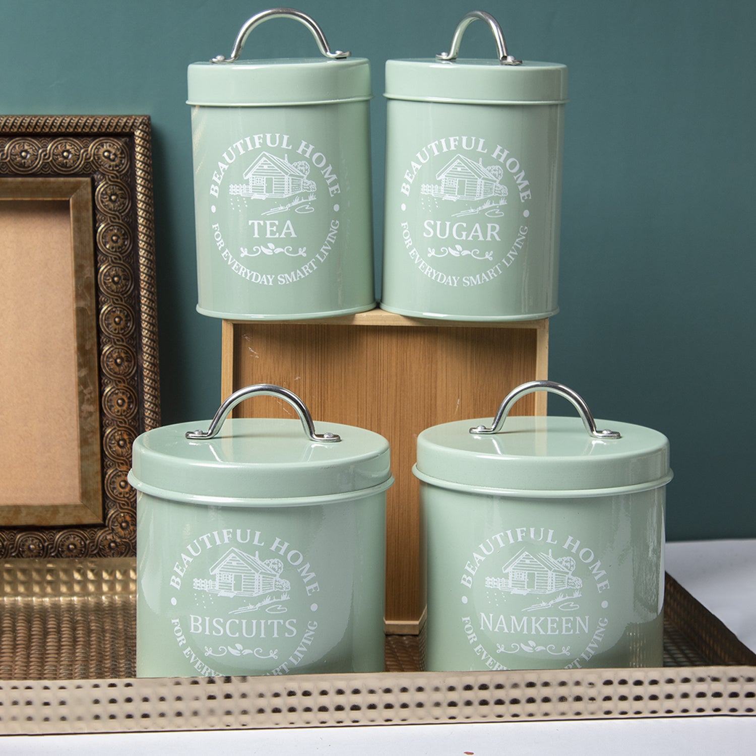 Tea & Sugar Jar (Each 850 Ml) + Biscuits & Namkeen Jar (Each 1300 Ml) - Green, Set Of 4