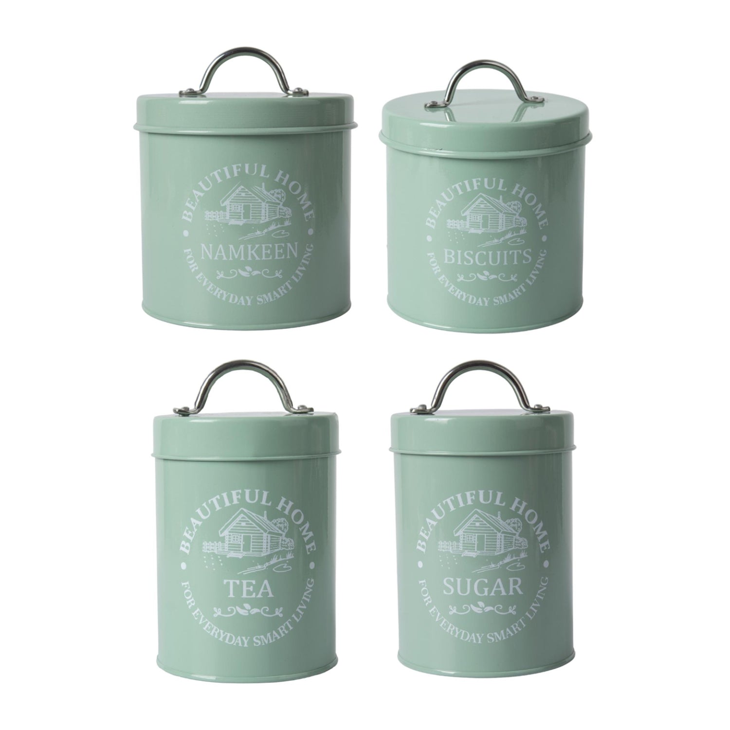 Tea & Sugar Jar (Each 850 Ml) + Biscuits & Namkeen Jar (Each 1300 Ml) - Green, Set Of 4