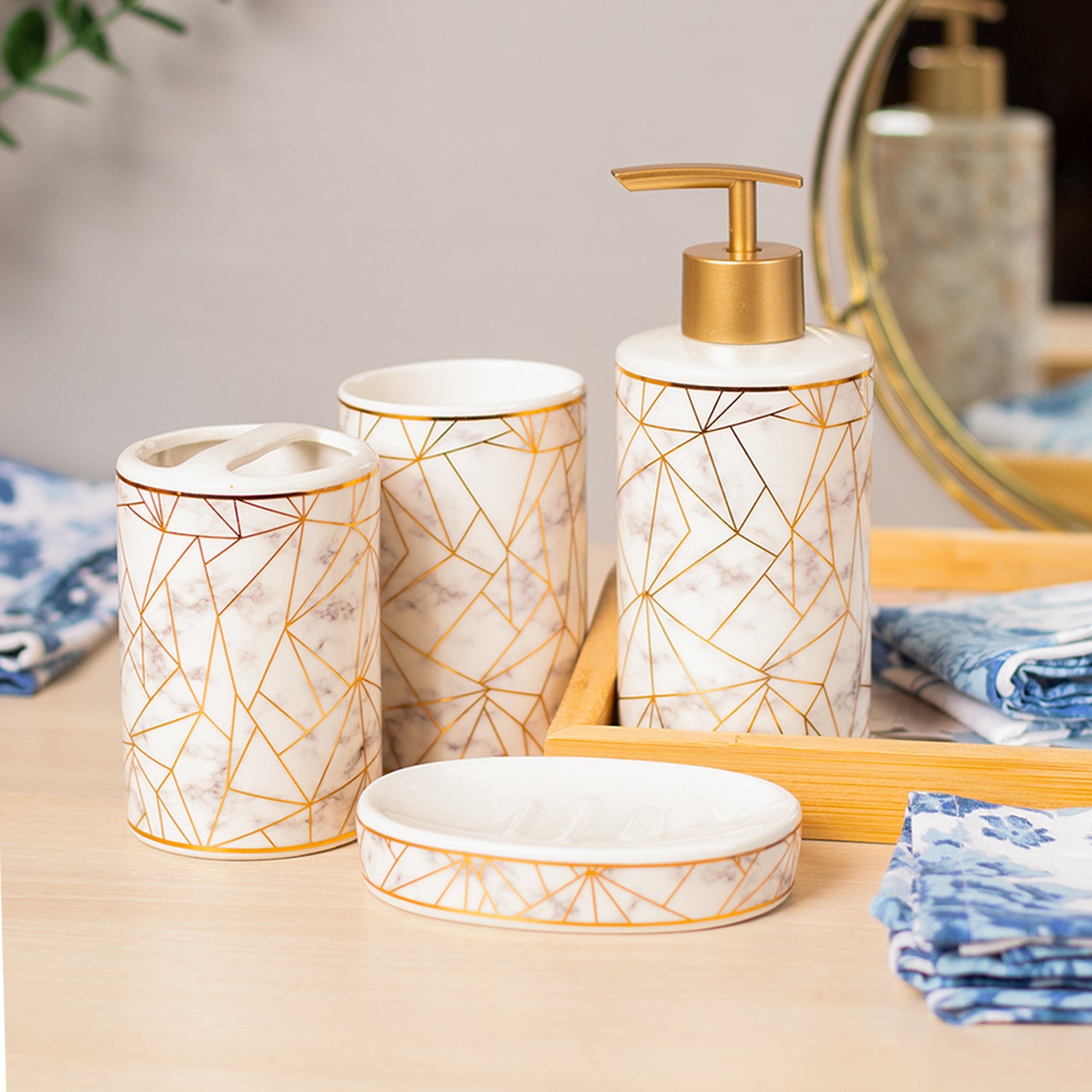 Ceramic Cylindrical Bathroom Set Of 4 - Geometric Pattern, Bath Accessories