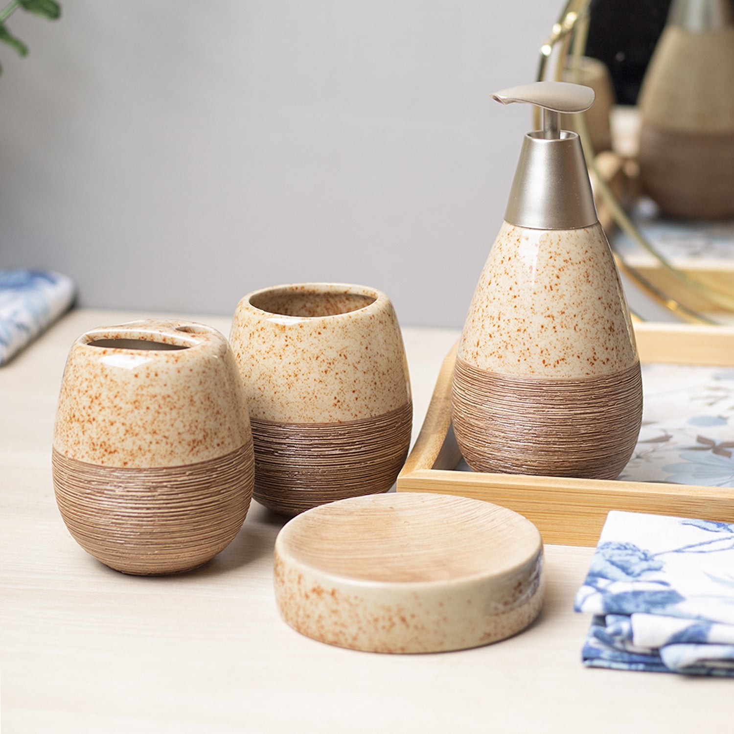 Pear Shape Ceramic Bathroom Set Of 4 - Stone Finish, Matte