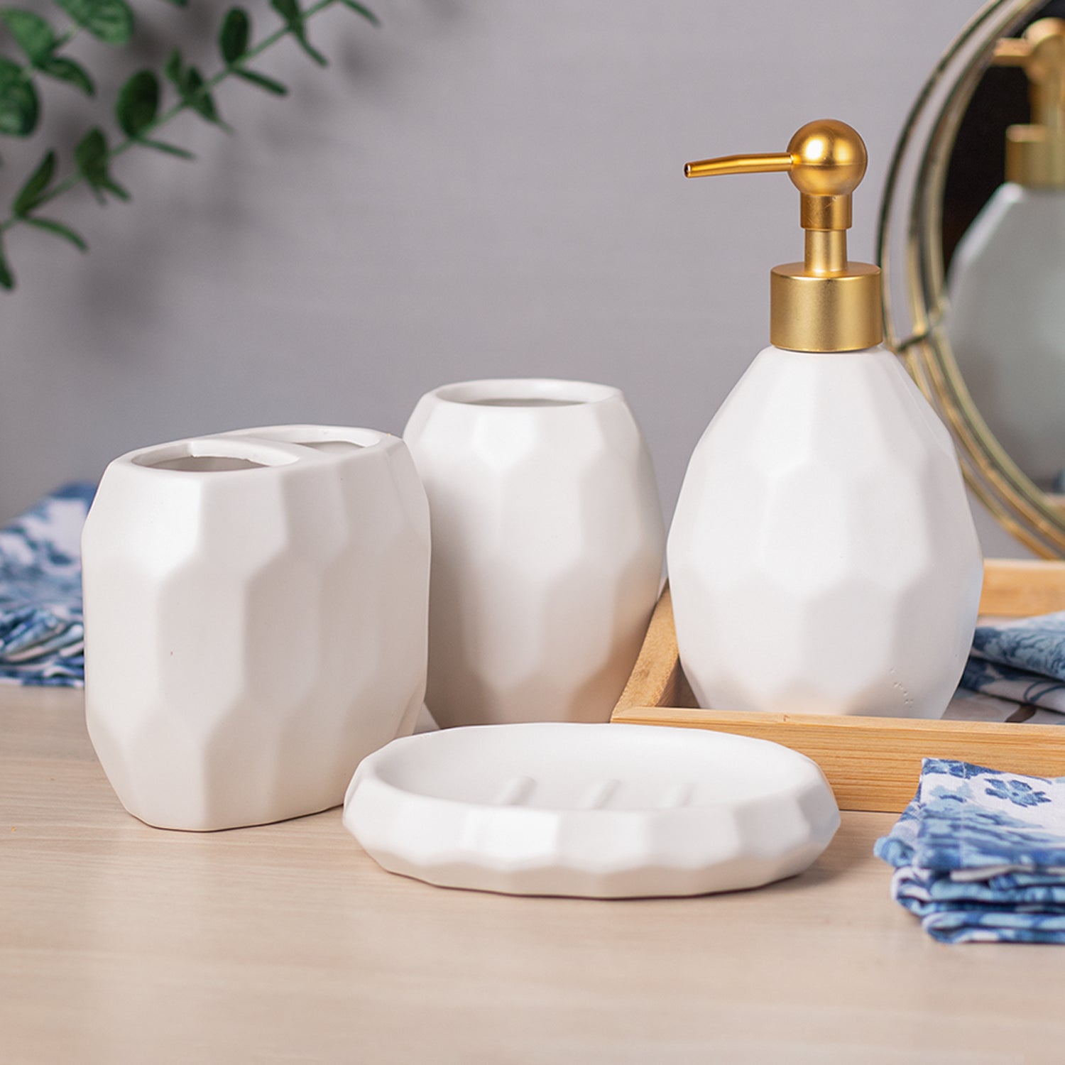 White Ceramic Bathroom Set Of 4 - Stone Finish, Bath Accessories