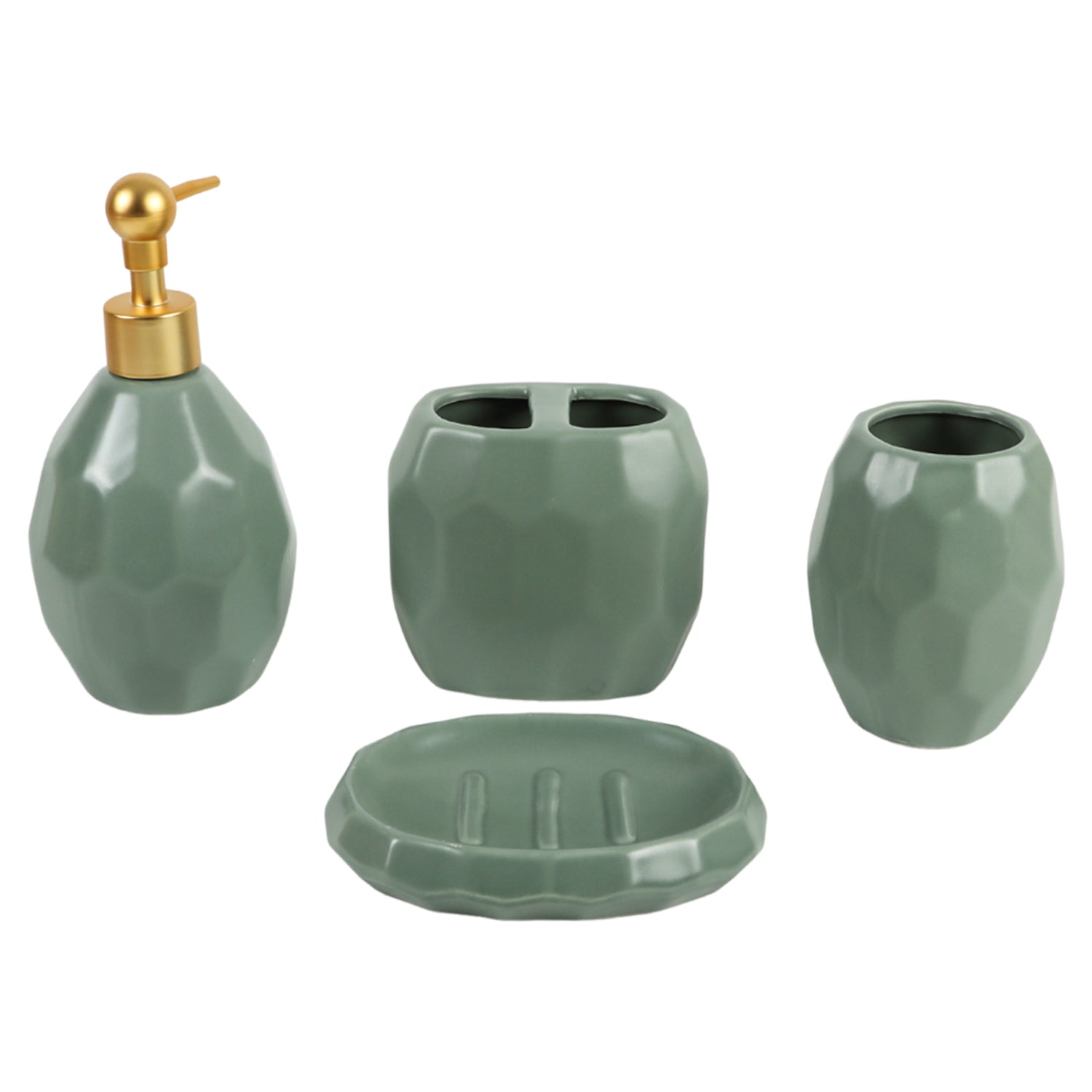 Green Ceramic Bathroom Set Of 4 - Stone Finish, Bath Accessories