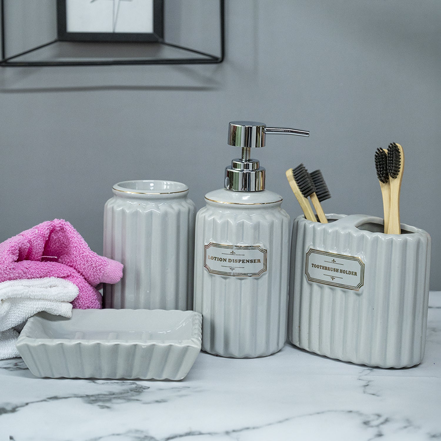 Grey Ceramic Bathroom Set Of 4 - Ribbed Design, Bath Accessories