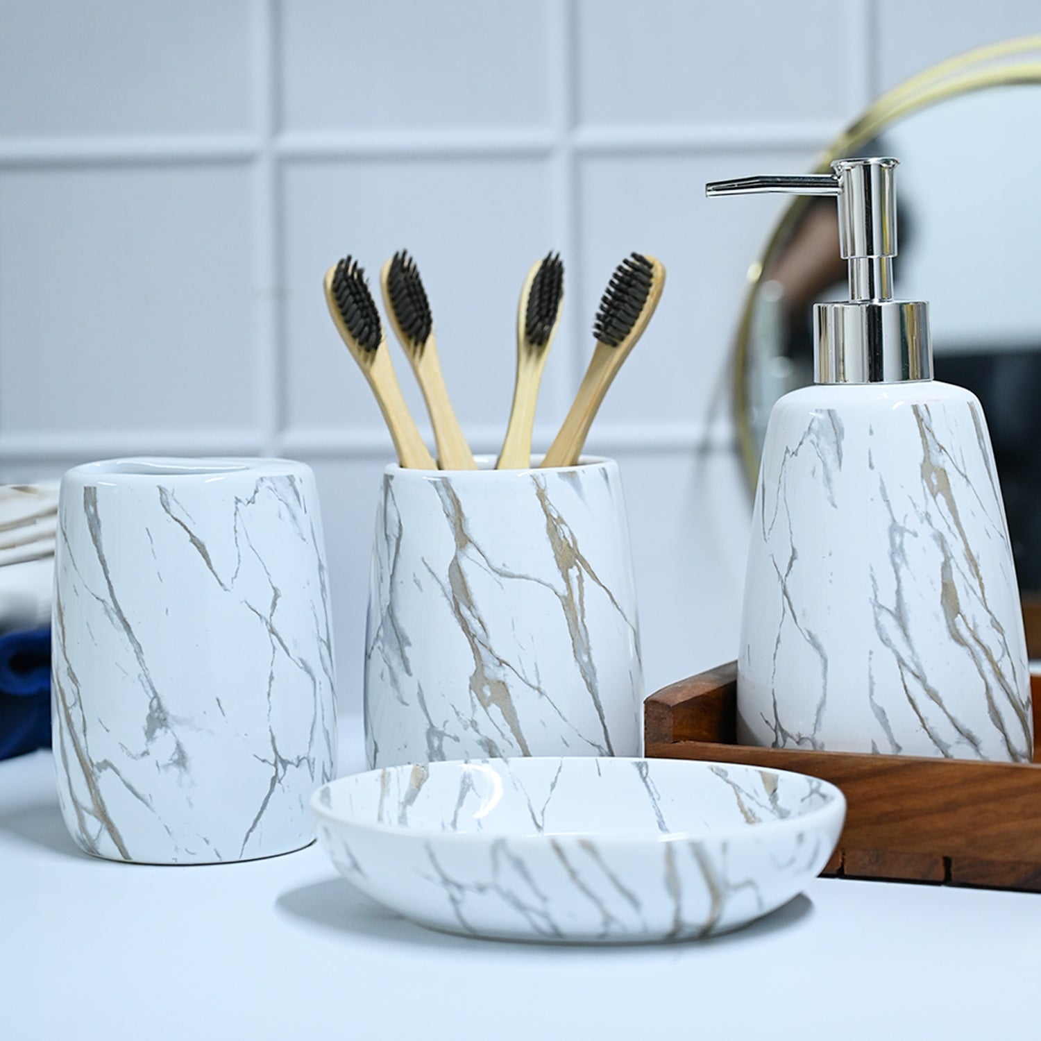 White Ceramic Bathroom Set Of 4 - Stone Finish, Bath Accessories