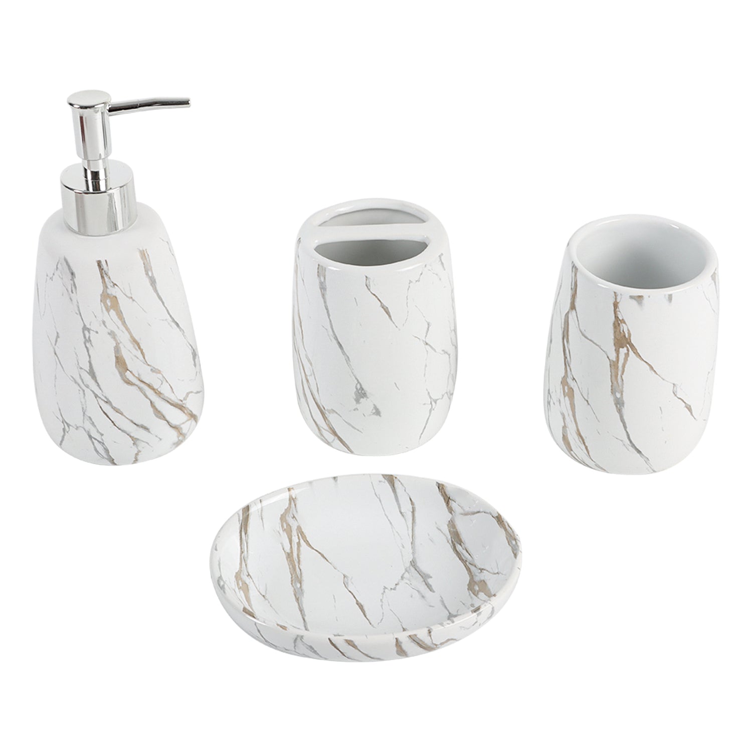 White Ceramic Bathroom Set Of 4 - Stone Finish, Bath Accessories