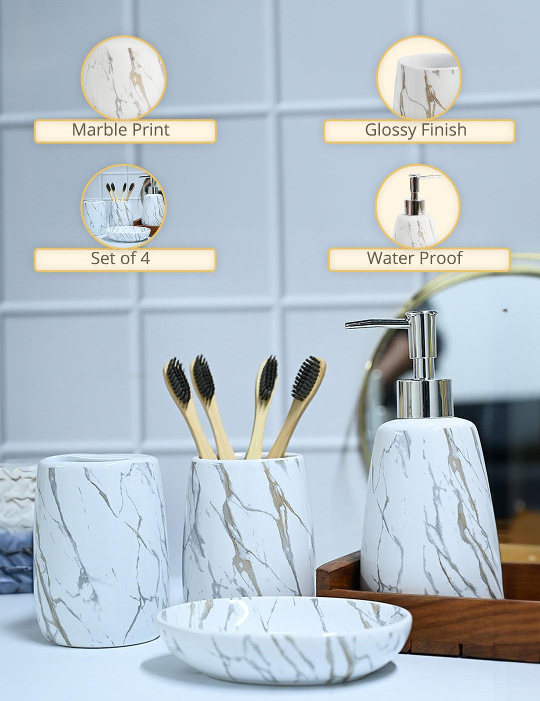 White Ceramic Bathroom Set Of 4 - Stone Finish, Bath Accessories - MARKET99