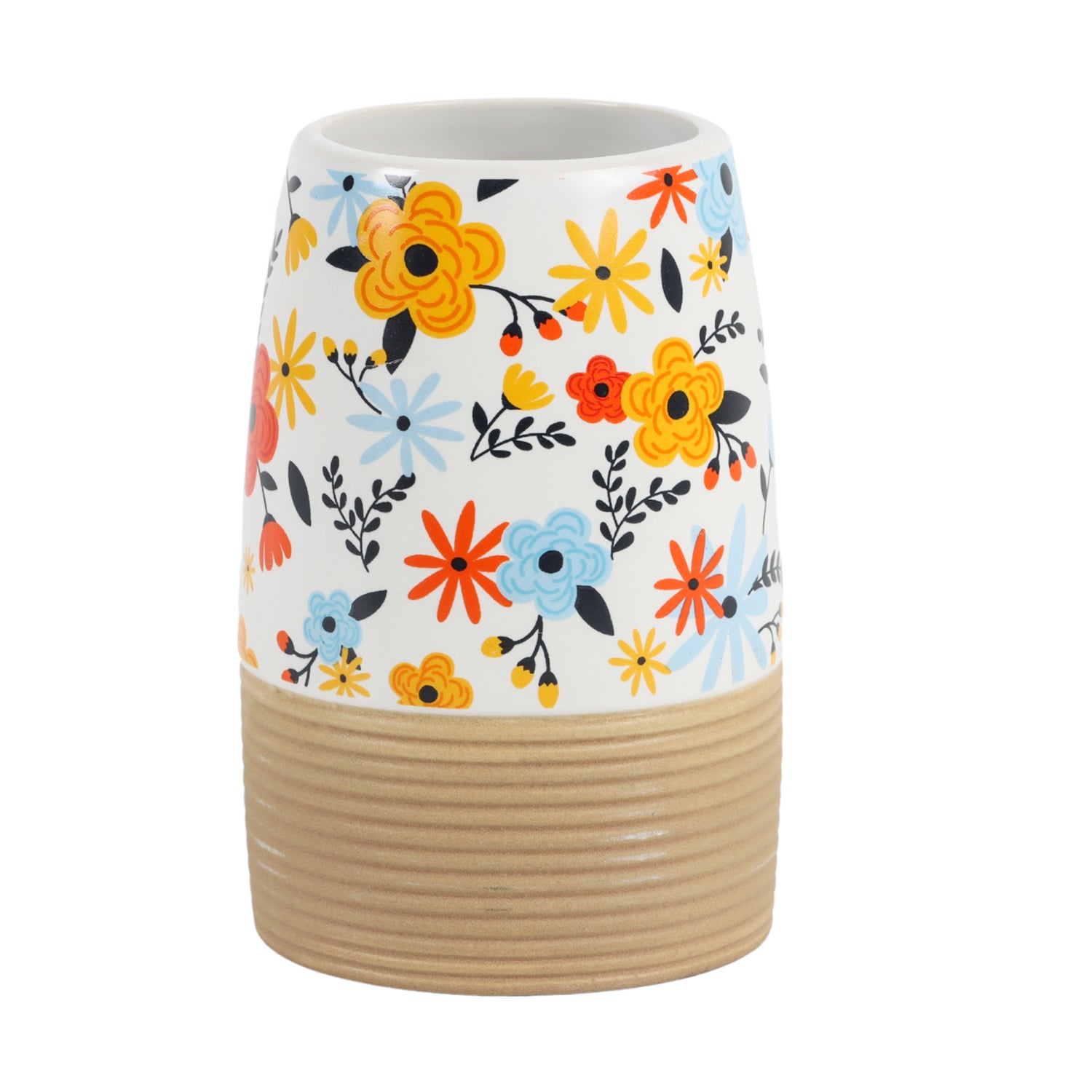 Multicolor Ceramic Cylindrical Bathroom Set Of 4 - Floral Design, Bath Accessories