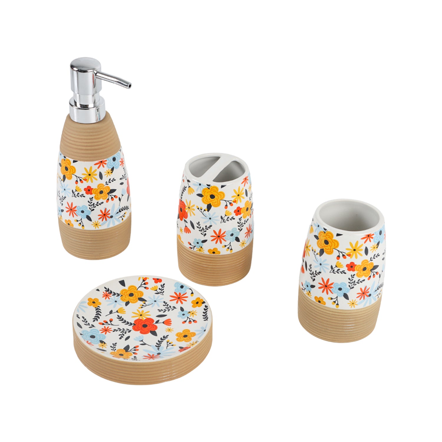 Multicolor Ceramic Cylindrical Bathroom Set Of 4 - Floral Design, Bath Accessories