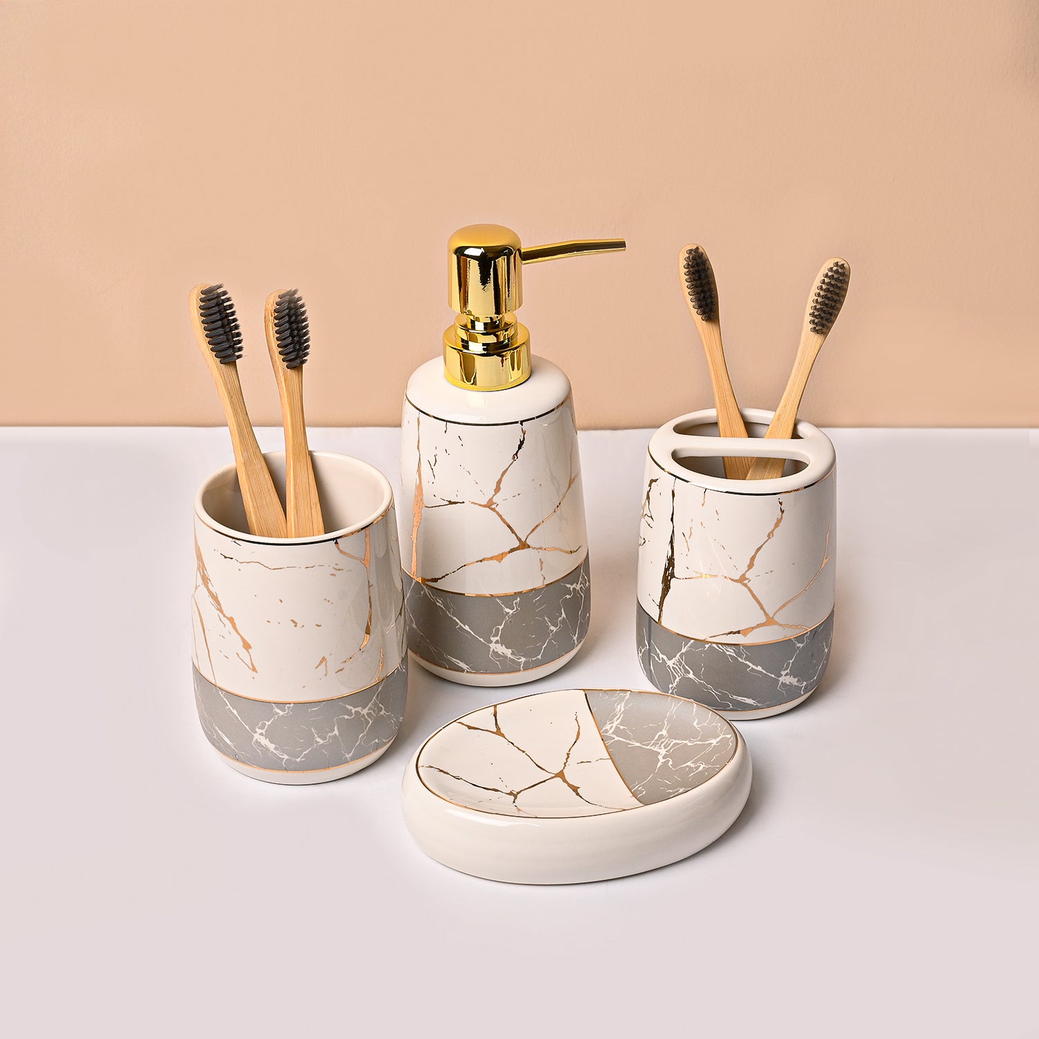 White & Grey Ceramic Bathroom Set (Set of 4)