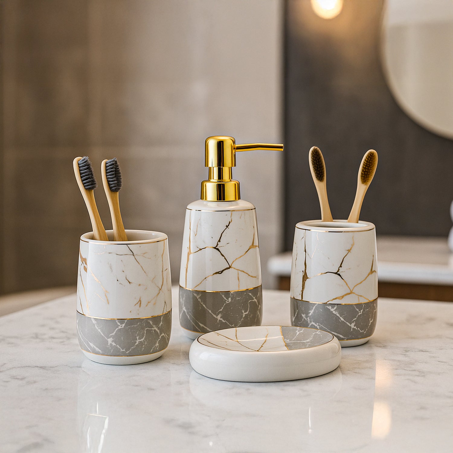 White & Grey Ceramic Bathroom Set (Set of 4)