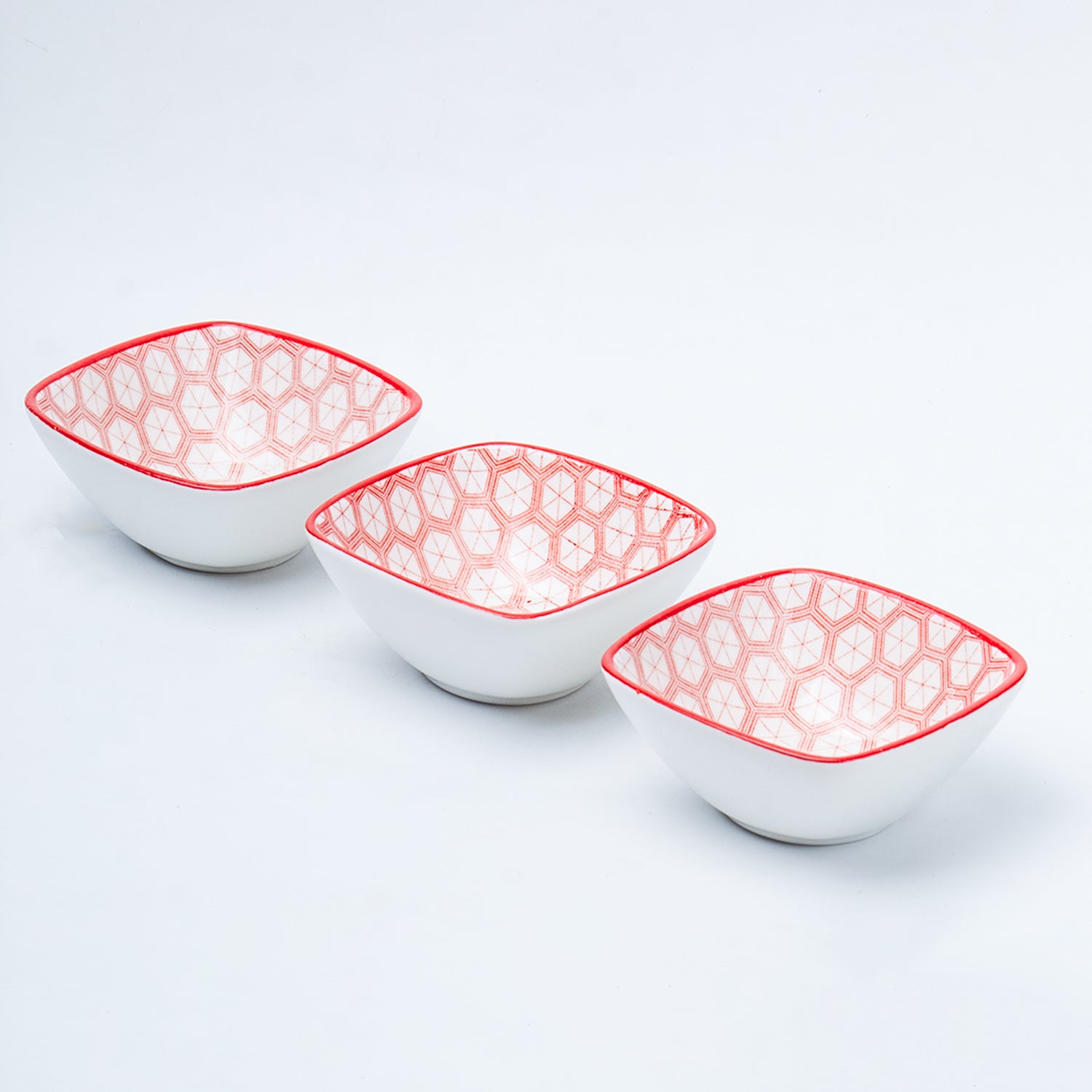 Red Ceramic Dish, Pack Of 3 - Geometric Pattern Serveware