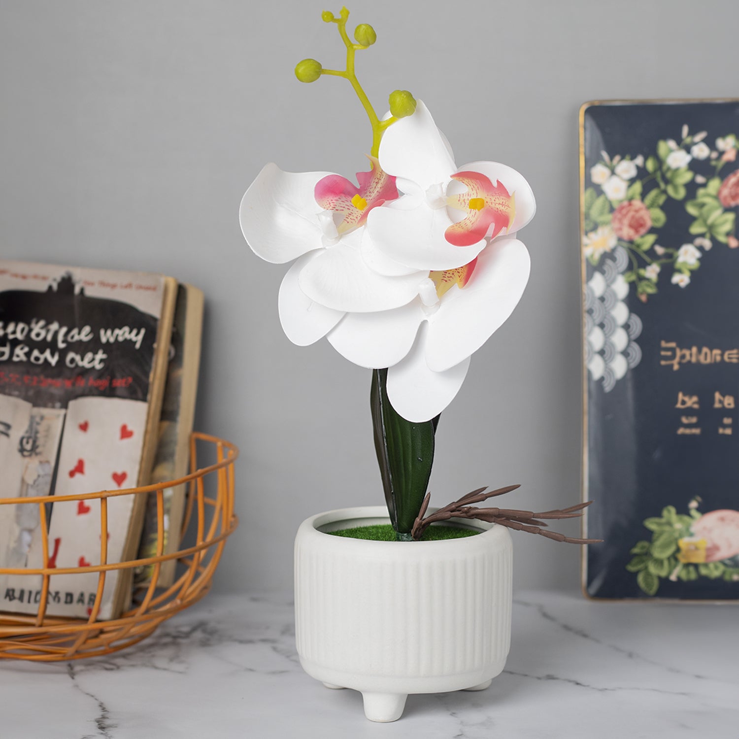 Stylish White Artificial Flowers With Pot - 10 X 10 X 34Cm