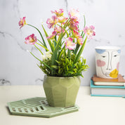 Stylish Pink & Green Artificial Flower With Pot - 10 X 10 X 22Cm