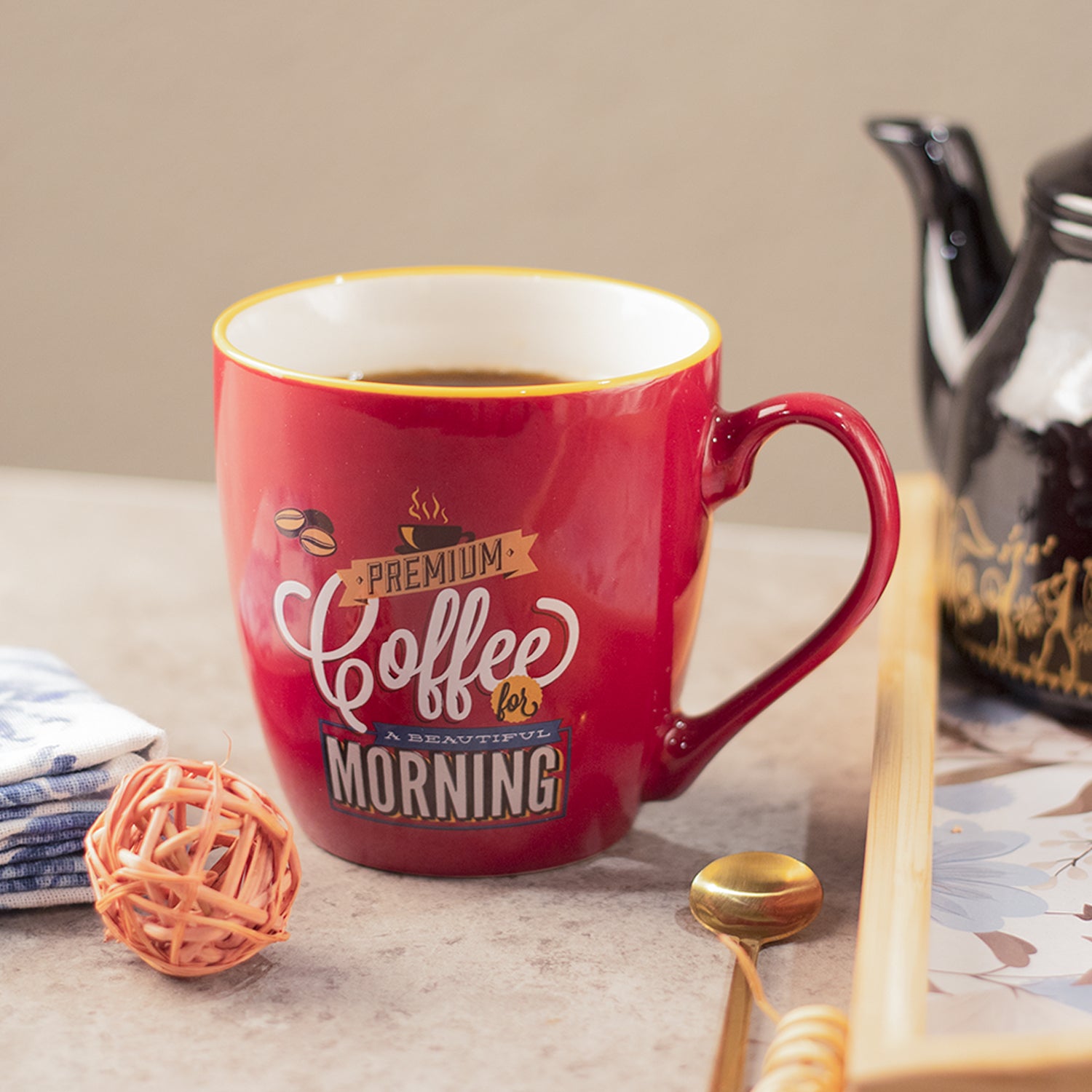 Red Ceramic Coffee Mug - 400mL "Oremium Coffee For A Beautiful Morning"