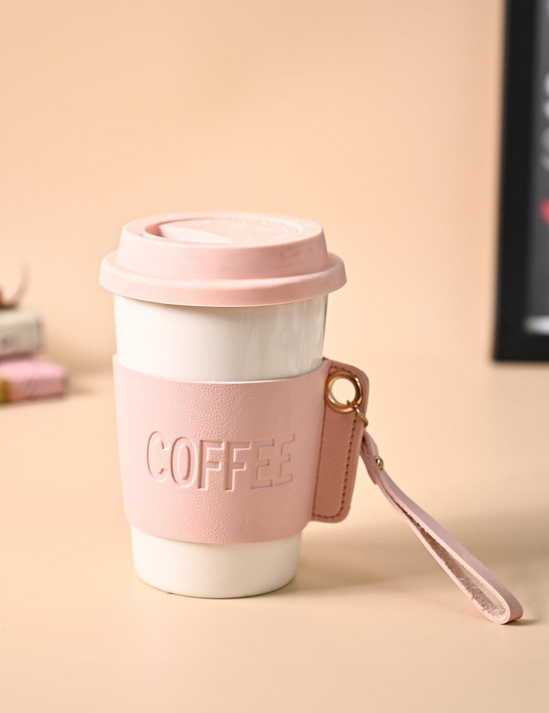 Pink Ceramic Sipper - Leather Grip, 350 Ml - MARKET99
