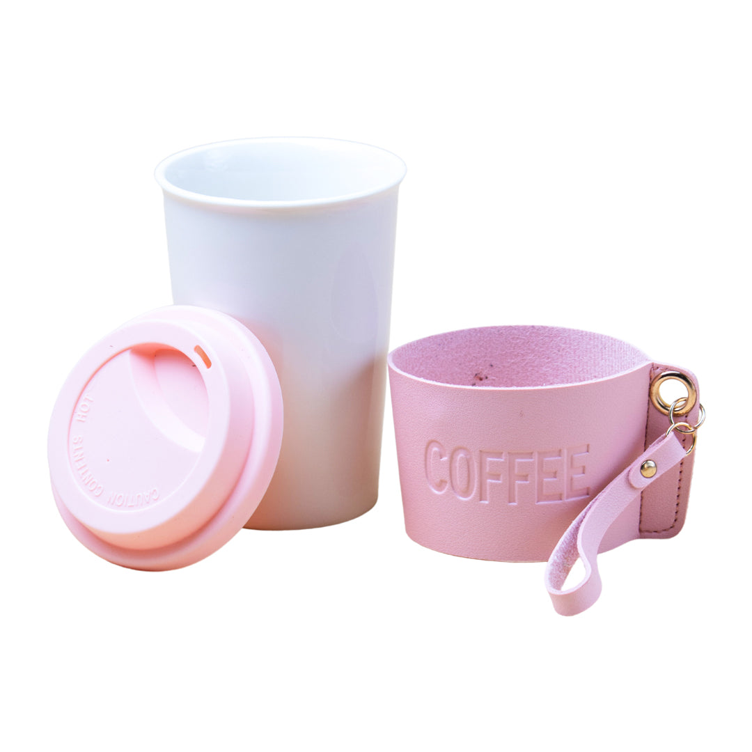 Pink Ceramic Sipper - Leather Grip, 350 Ml